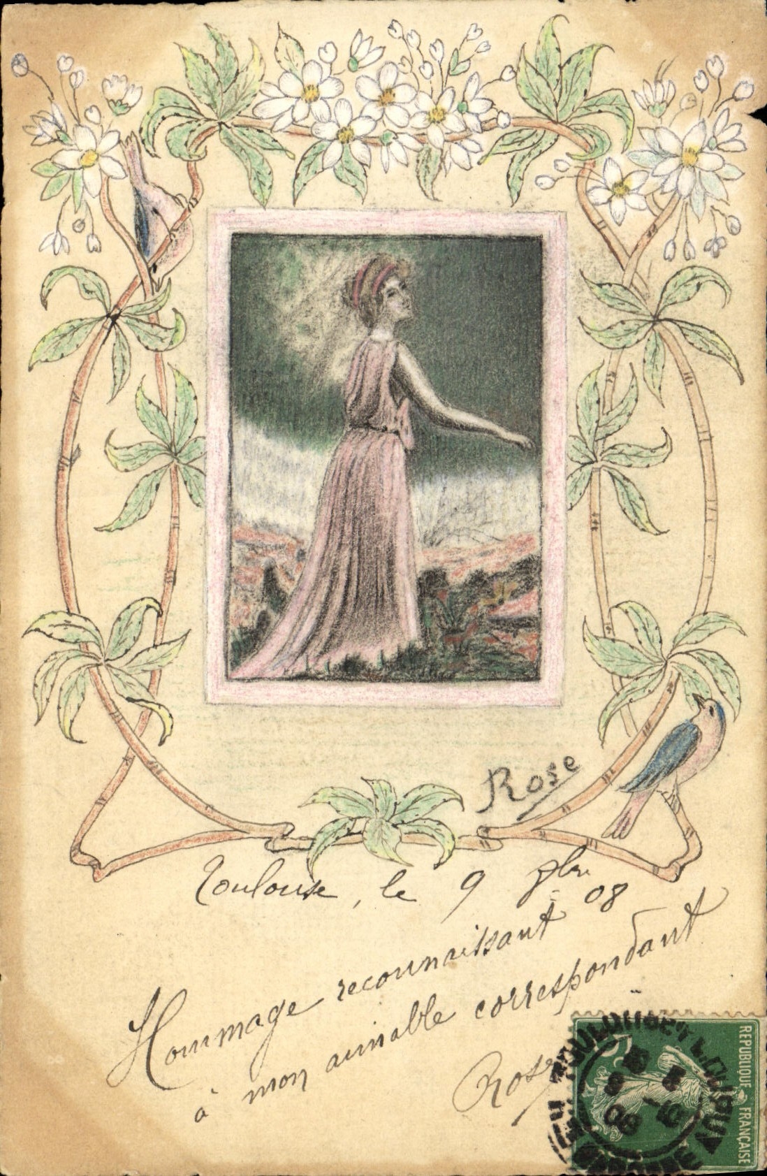 CPA DESSIN A LA MAIN Femme Signe Rose 1909
