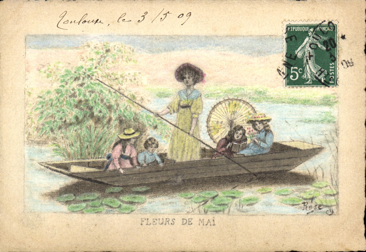 CPA DESSIN A LA MAIN Fleurs de Mai Signe Rose 1909 Enfants Barque Eventail