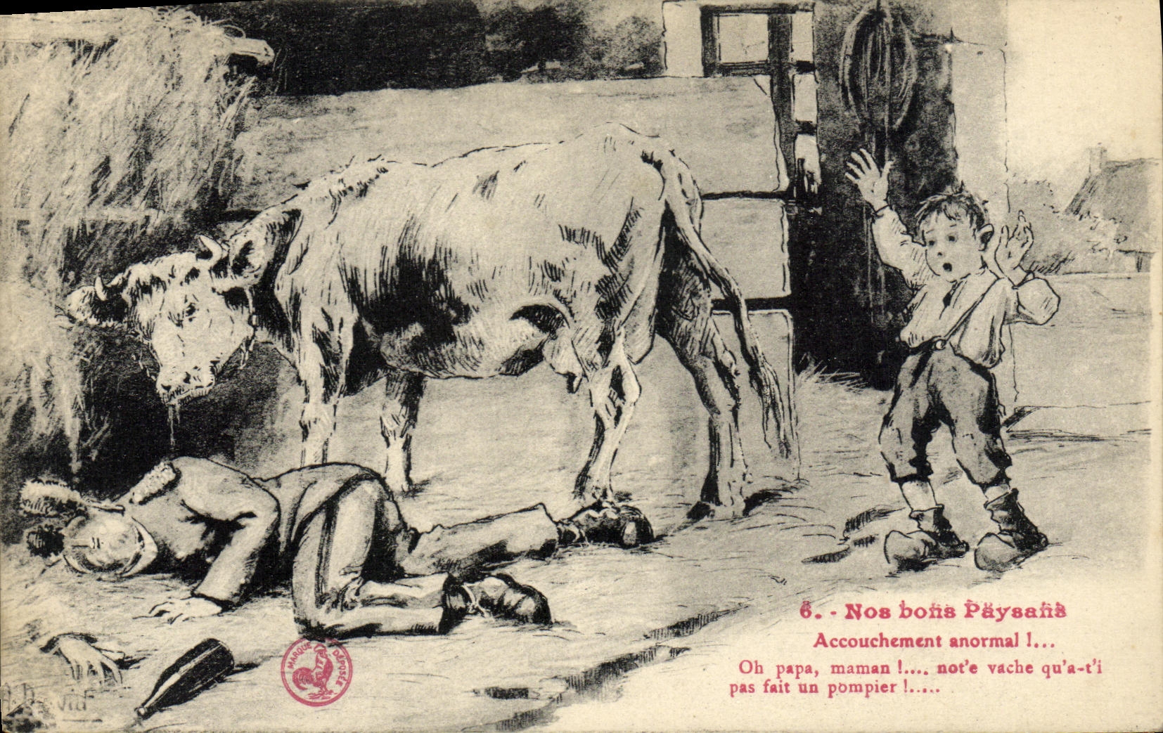 VINTAGE POSTCARD Our good peasants Childbirth Cow