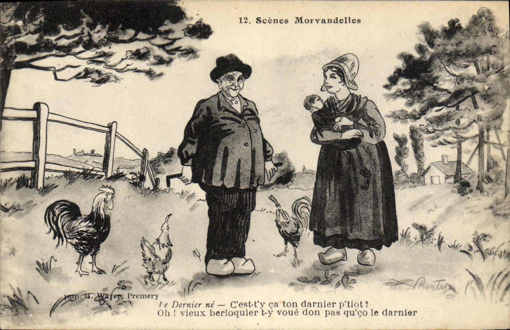 Escenas de los morvandelles de la POSTAL de la VENDIMIA el martillo pasado Morvan
