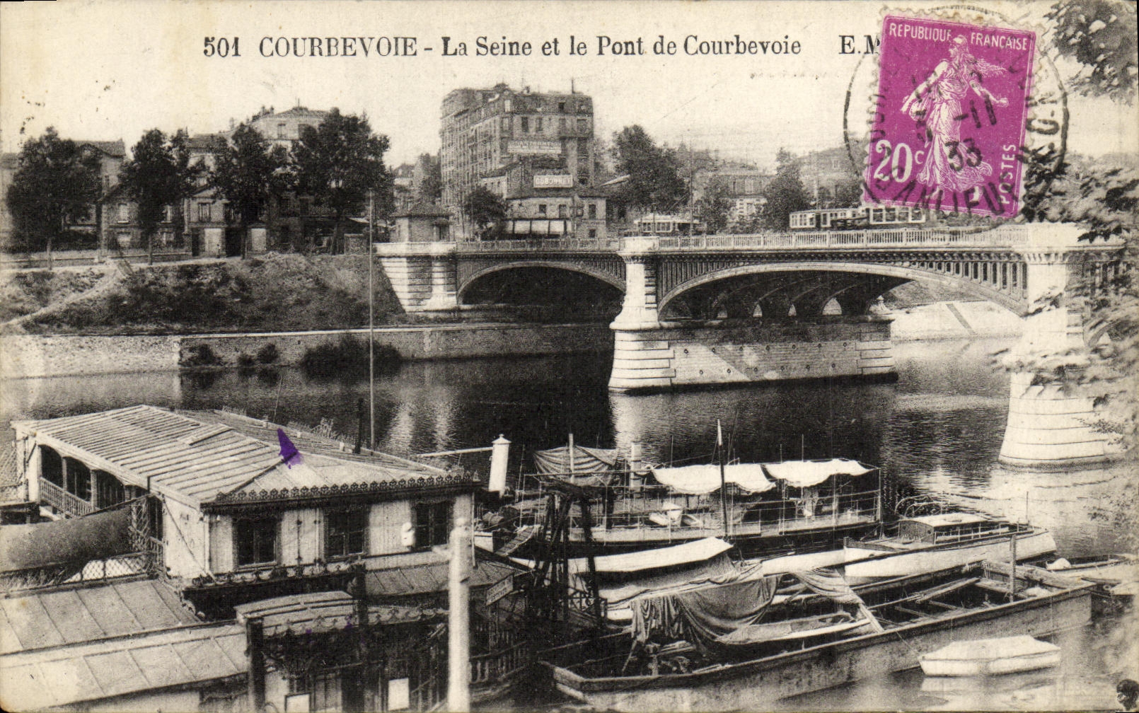 POSTAL Courbevoie de la VENDIMIA el Seine y el puente de los barcos de Courbevoie