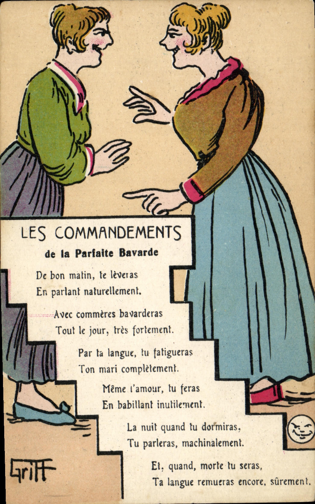 CPA Folklore Les commandements de la parfaite bavarde Griff