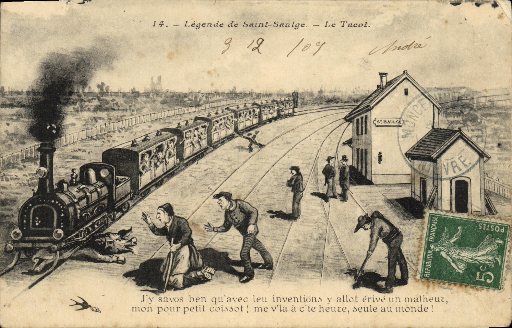 VINTAGE POSTCARD Folklore Captions St Saulge the jalopy Train Pig