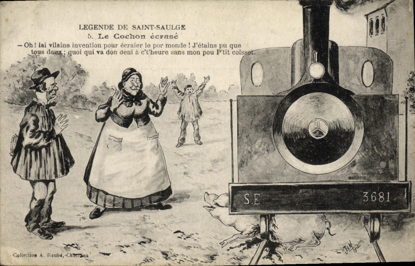 CPA Folklore Legende de St Saulge Le cochon ecrase Train 