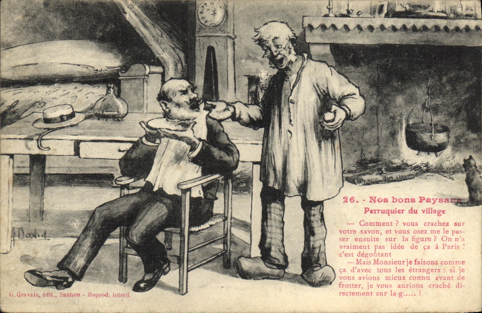 CPA Nos bons paysans Perruquier du village Coiffeur 