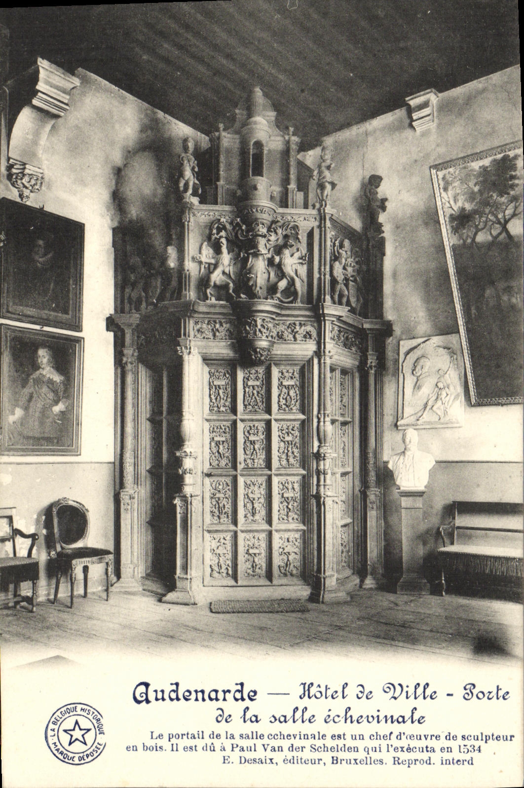 VINTAGE POSTCARD audenarde Town hall Carries Room echevinale