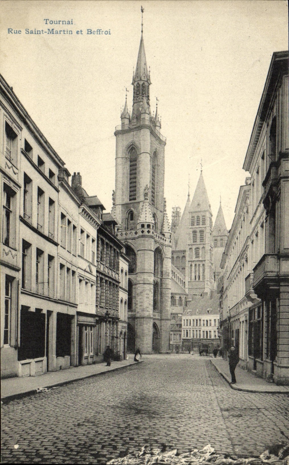 VINTAGE POSTCARD Turned Street Saint Martin and Beffroi