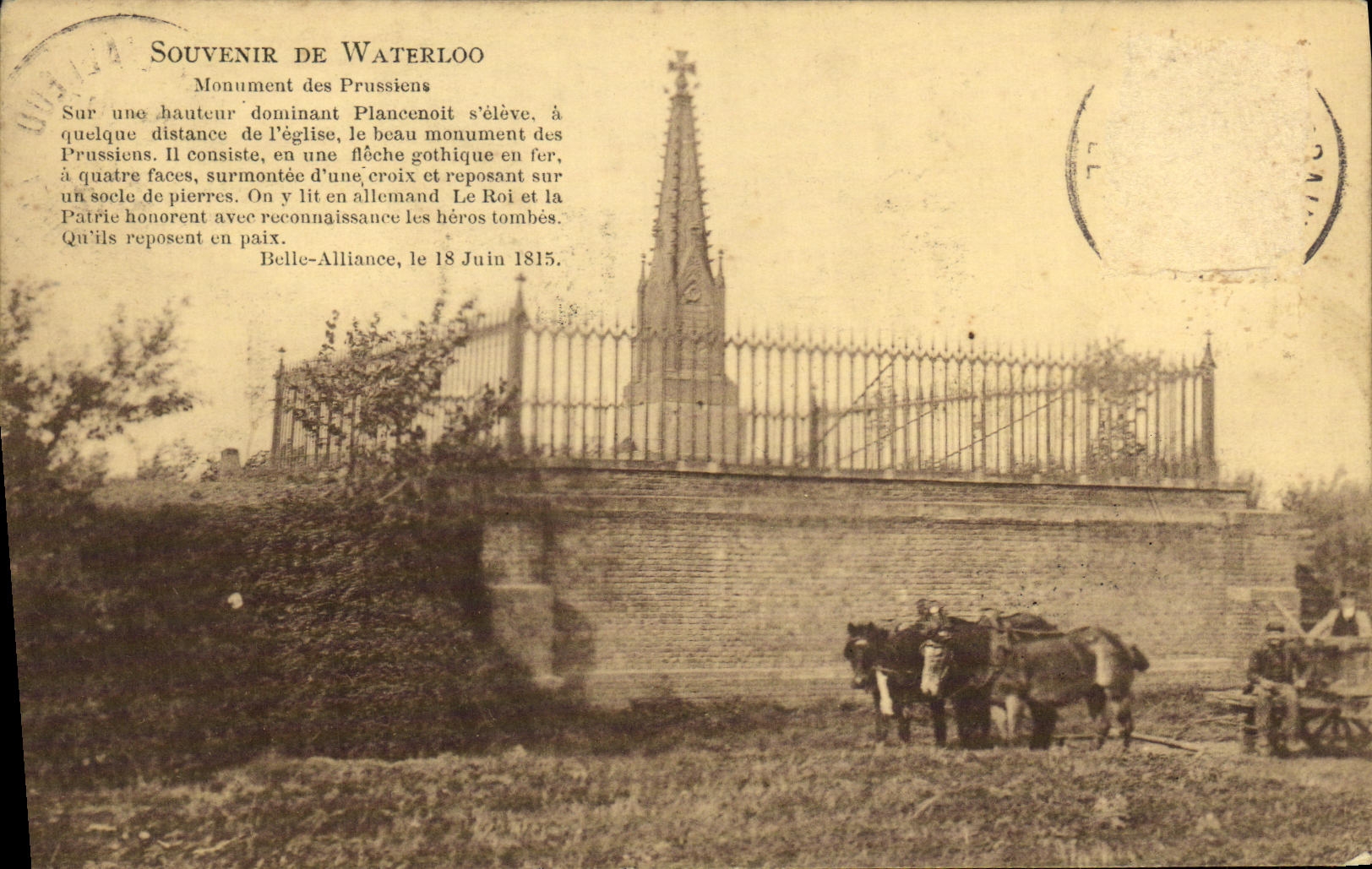 CPA Souvenir de Waterloo Monument des Prussiens