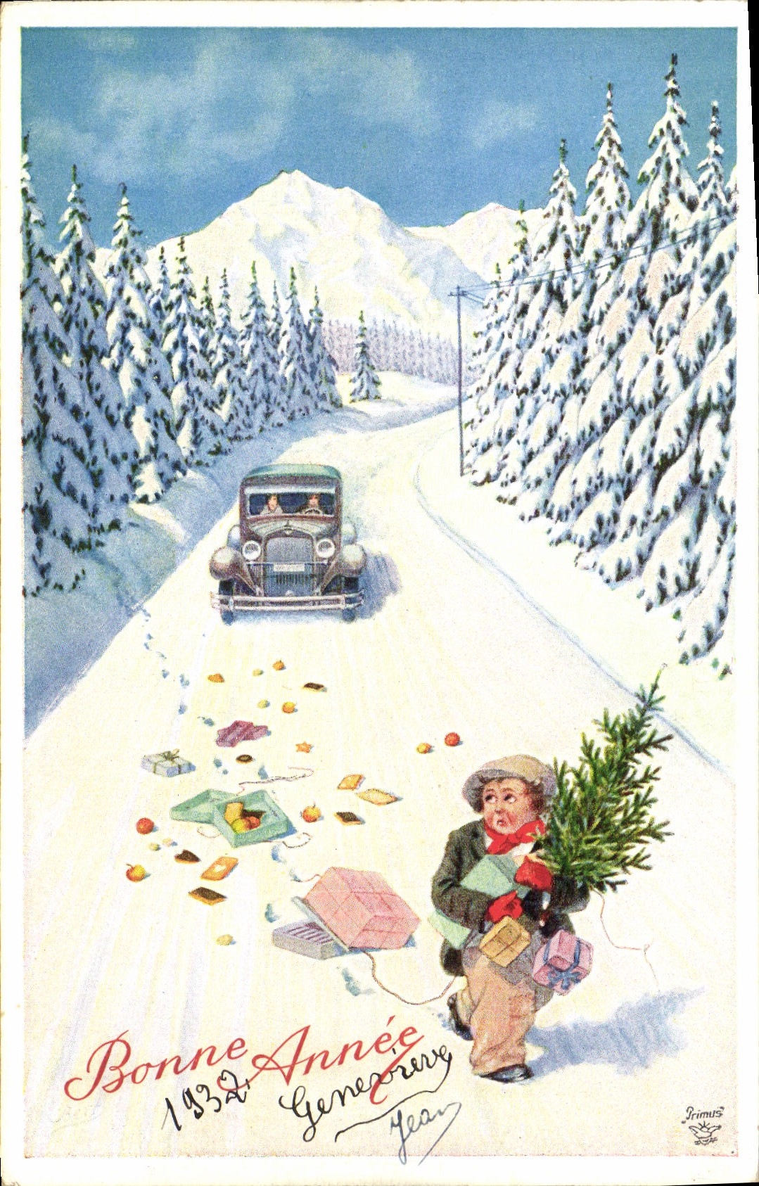 VINTAGE POSTCARD Fantasy Happy New Year Automobile