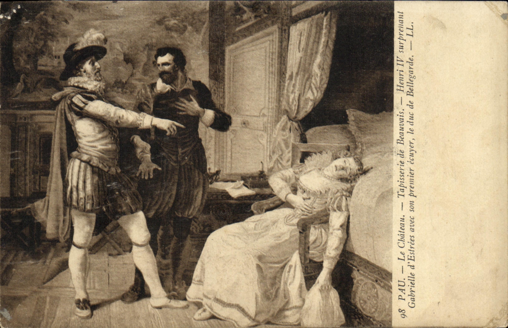 VINTAGE POSTCARD Pau the castle Tapestry of Beauvais Henri IV surprising Gabrielle d' Estrees with its first Bellegarde rider