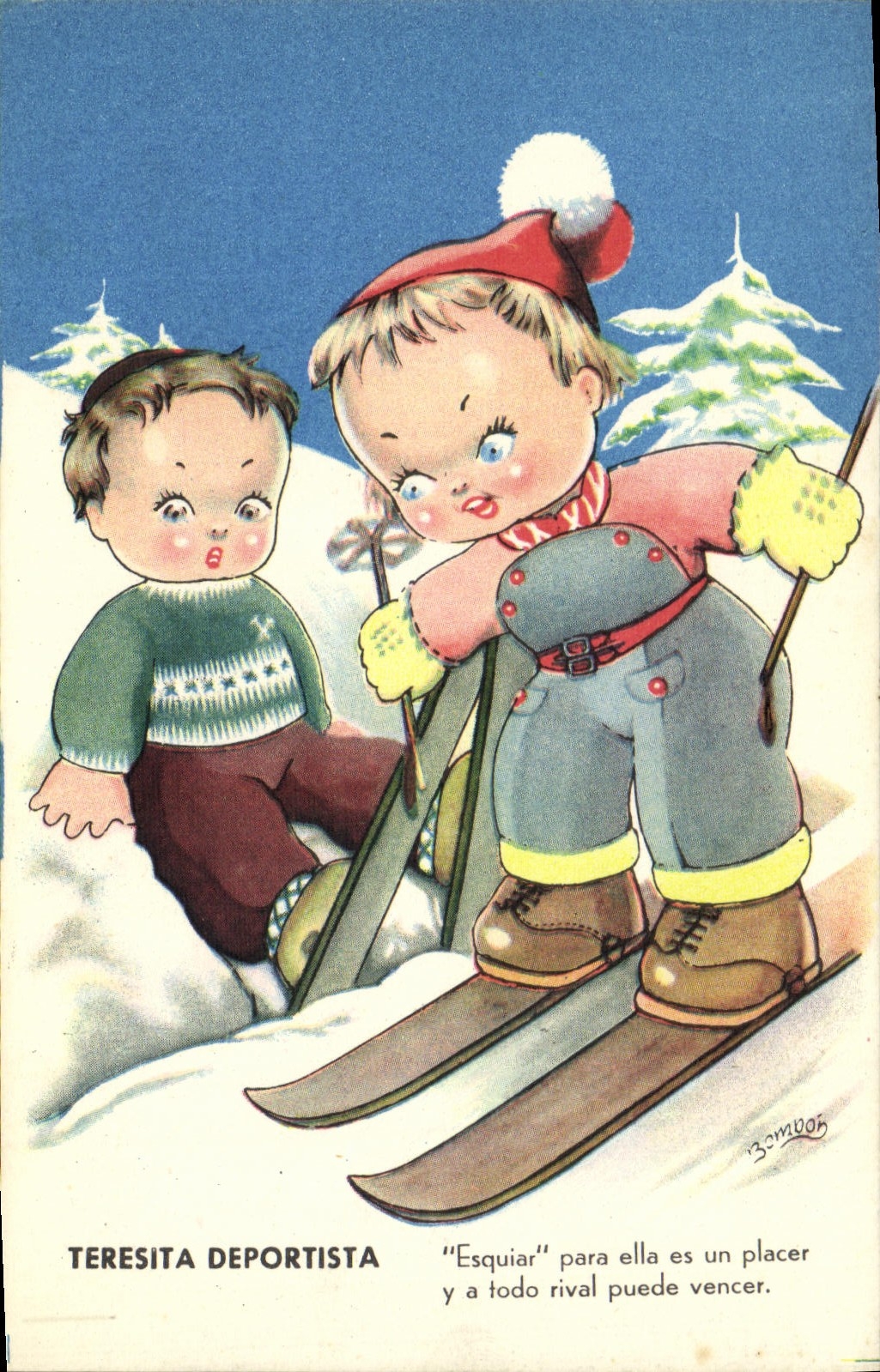VINTAGE POSTCARD Fantaisie Children has ski