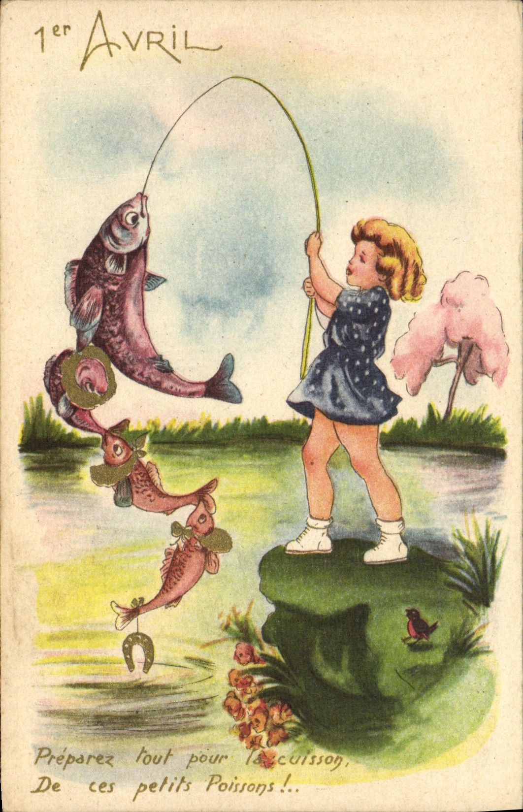 CPA Fantaisie Enfant Peche Poissons 1er avril Paques