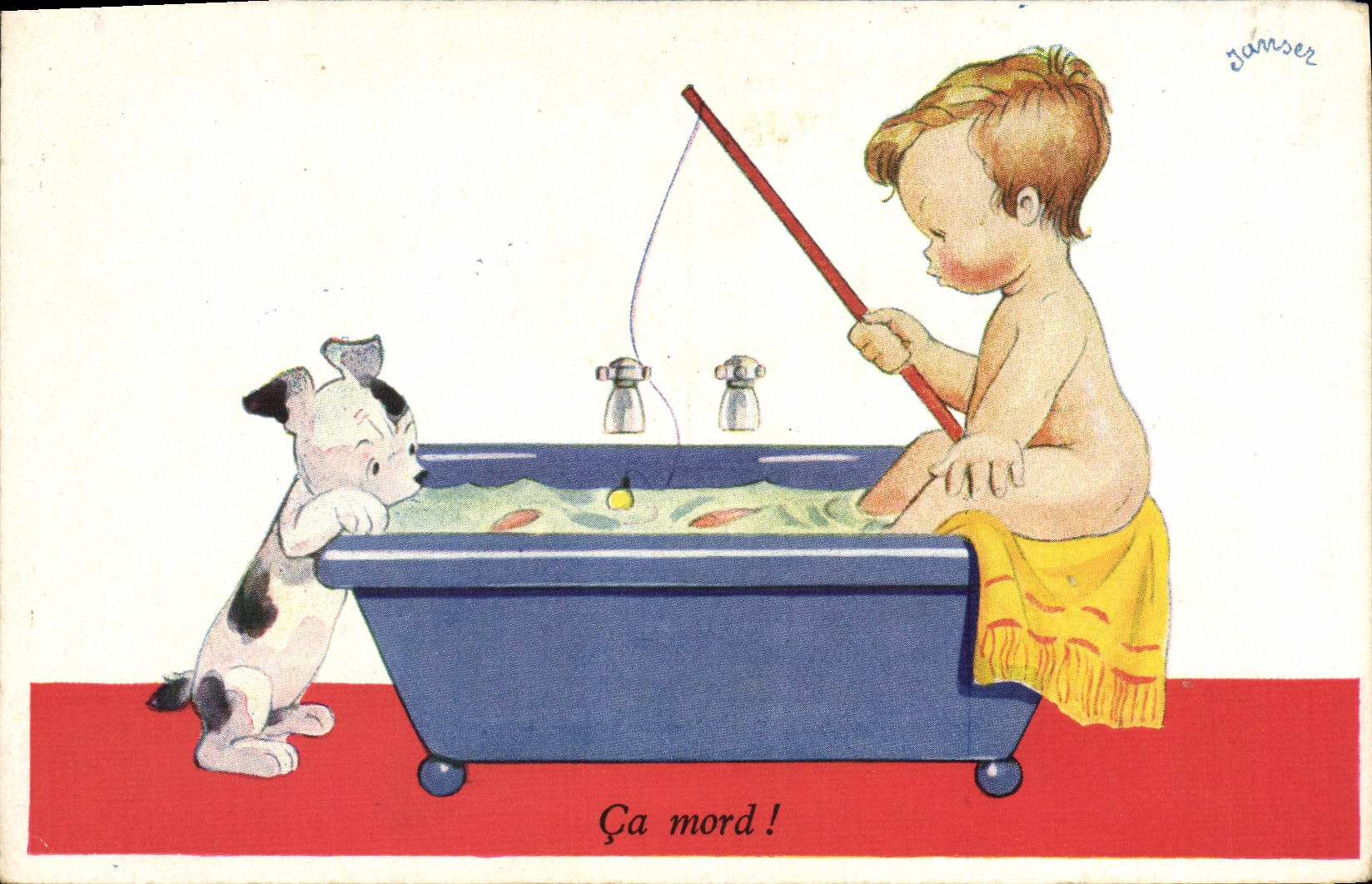 VINTAGE POSTCARD Fantasy Child Dog Bath-tub