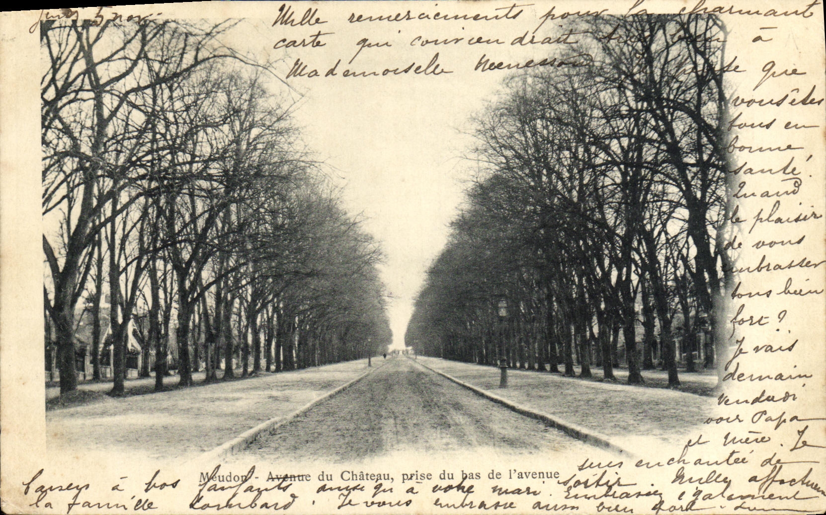 POSTAL Meudon de la VENDIMIA que ocurrió del castillo tomado de la parte inferior de la avenida