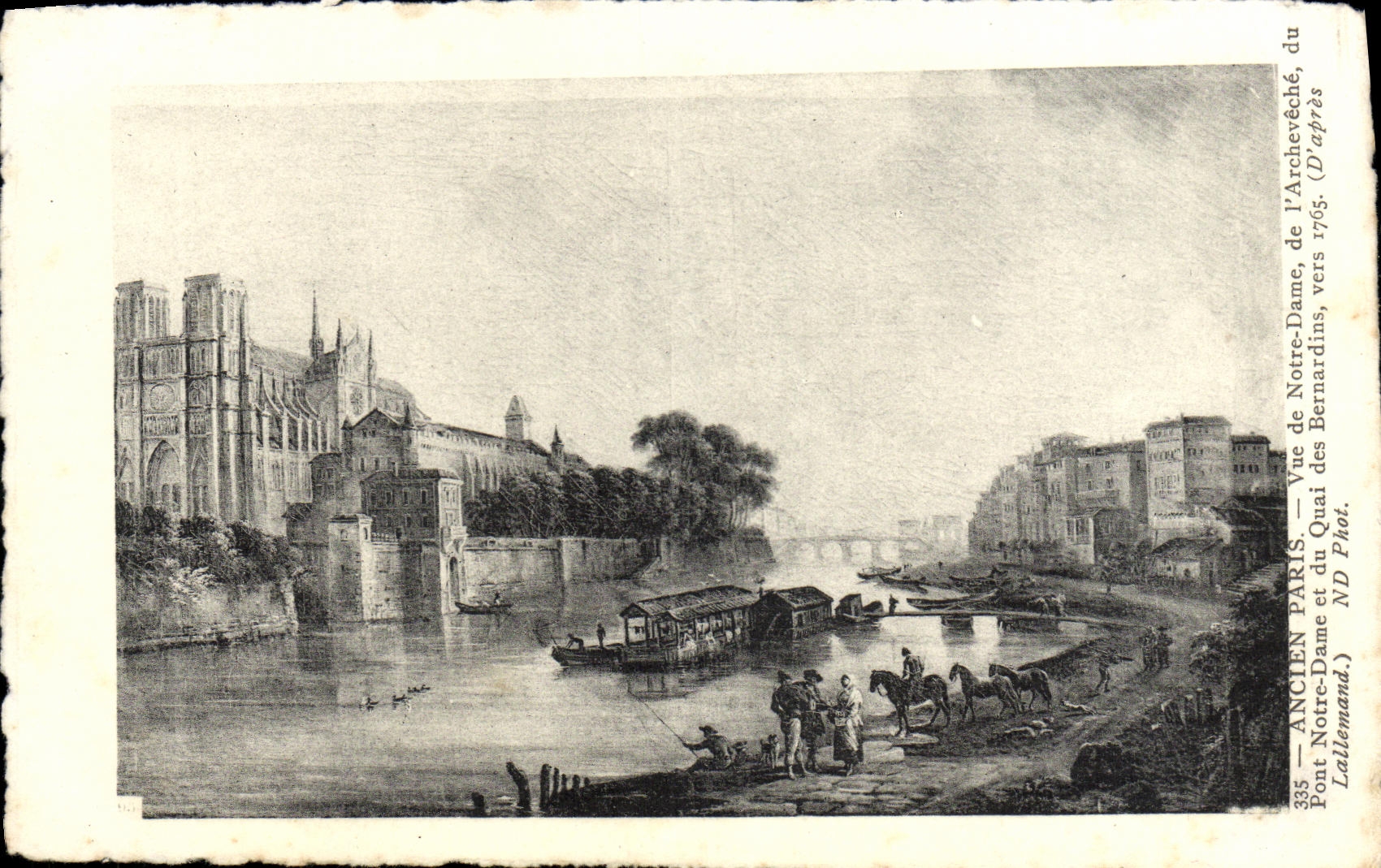 POSTAL París vieja de la VENDIMIA vista de Notre Dame del puente de Notre Dame del palacio del arzobispo y del muelle de Bernardins