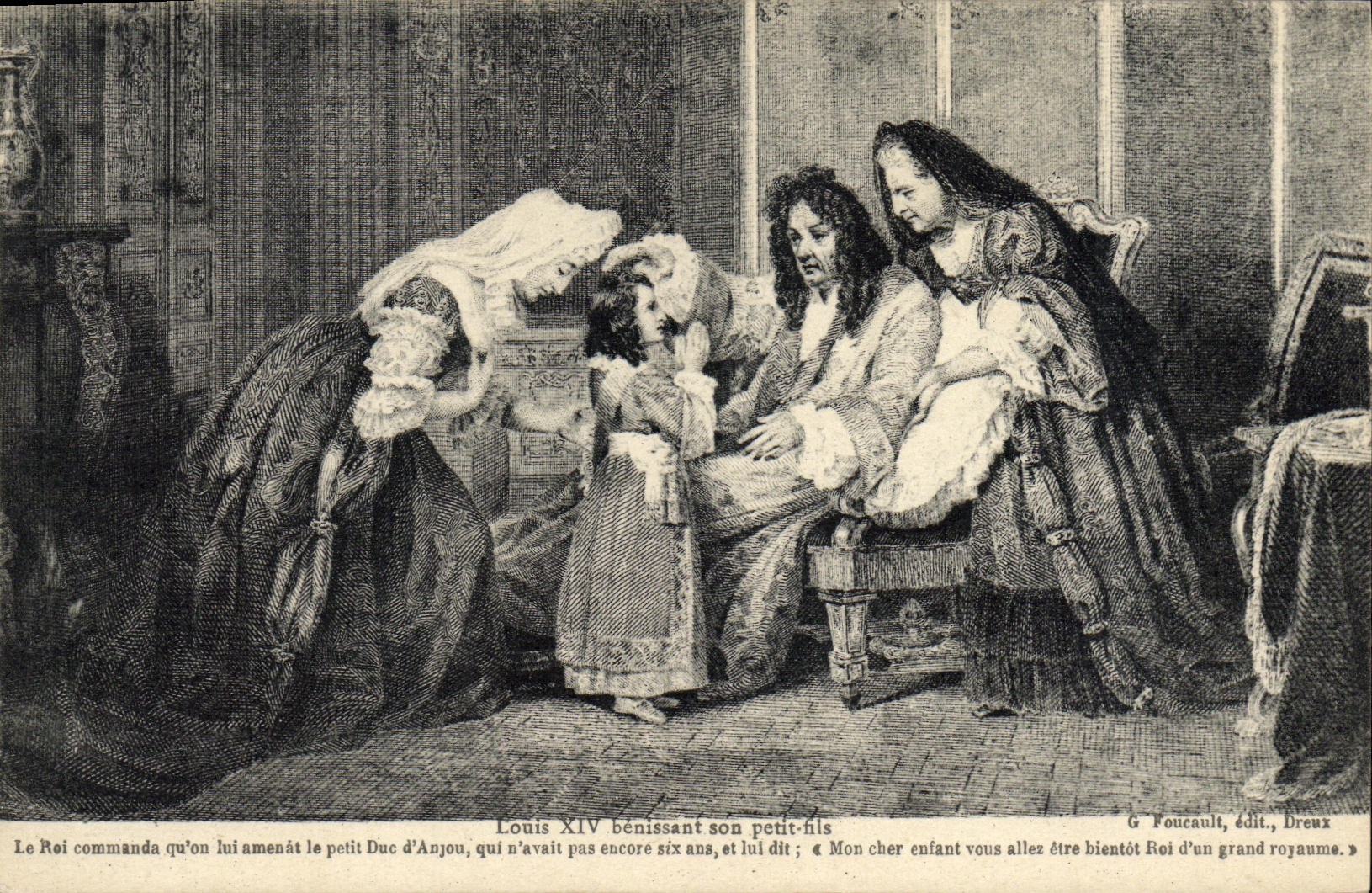 VINTAGE POSTCARD Louis XIV blessing his small son