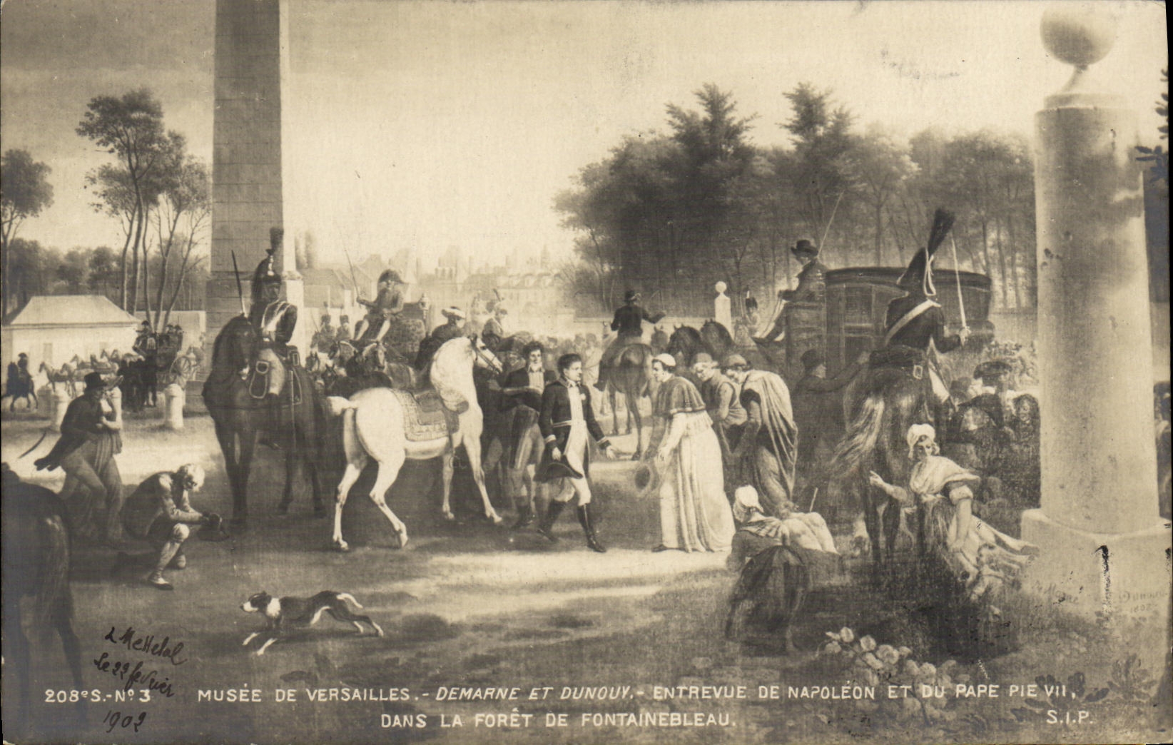 VINTAGE POSTCARD Napoleon Museum of Versailles Demarne and Dunouy Interview of Napoleon and the Black and white pope VII in the Fontainebleau drill