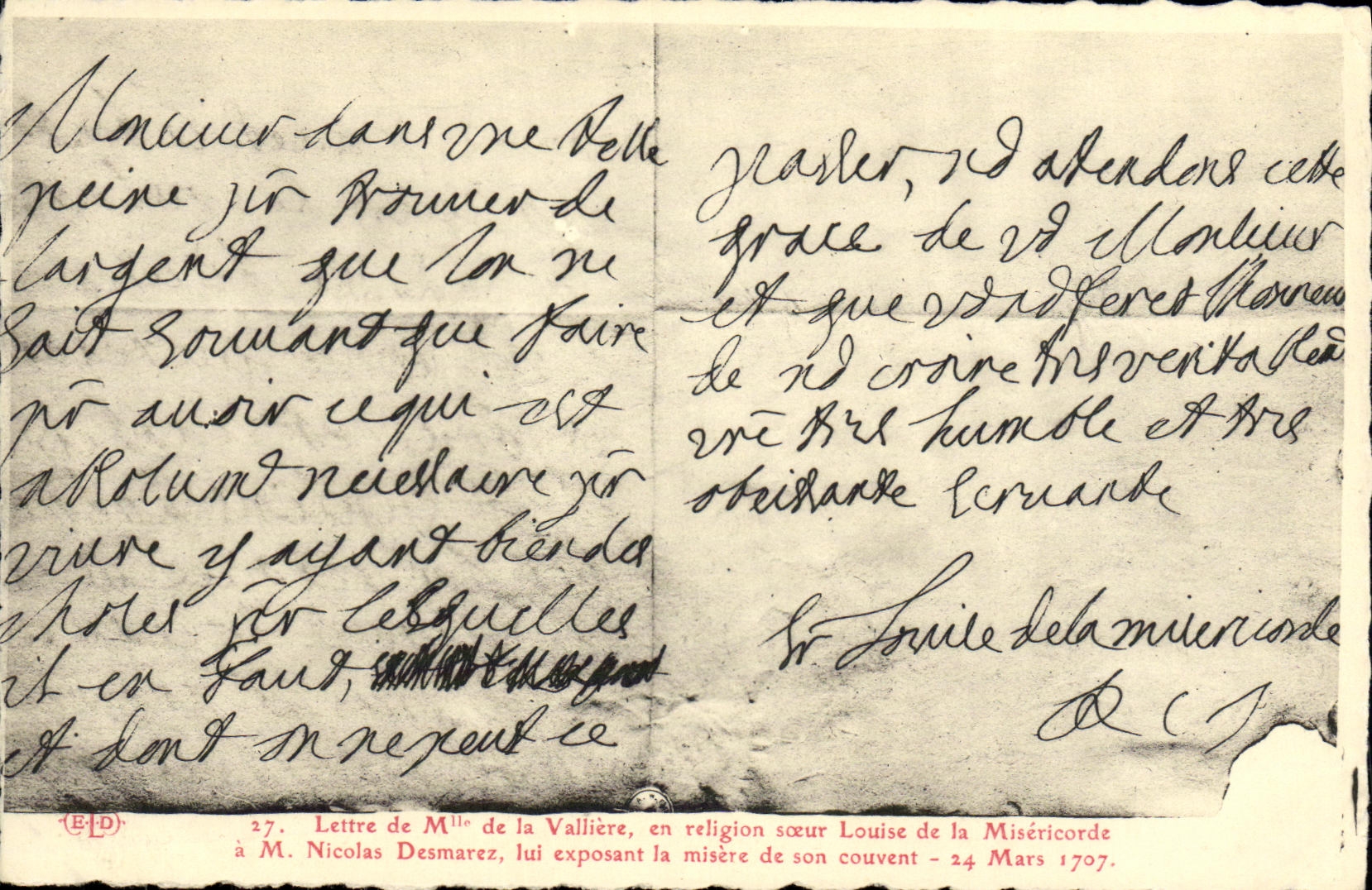 VINTAGE POSTCARD Lettre of Miss of Valliere has Nicolas Desmarez 1707