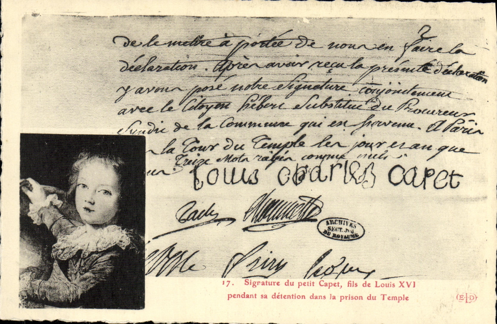 VINTAGE POSTCARD Signature of small Capet wire of Louis XVI during his detention in the prison of the temple