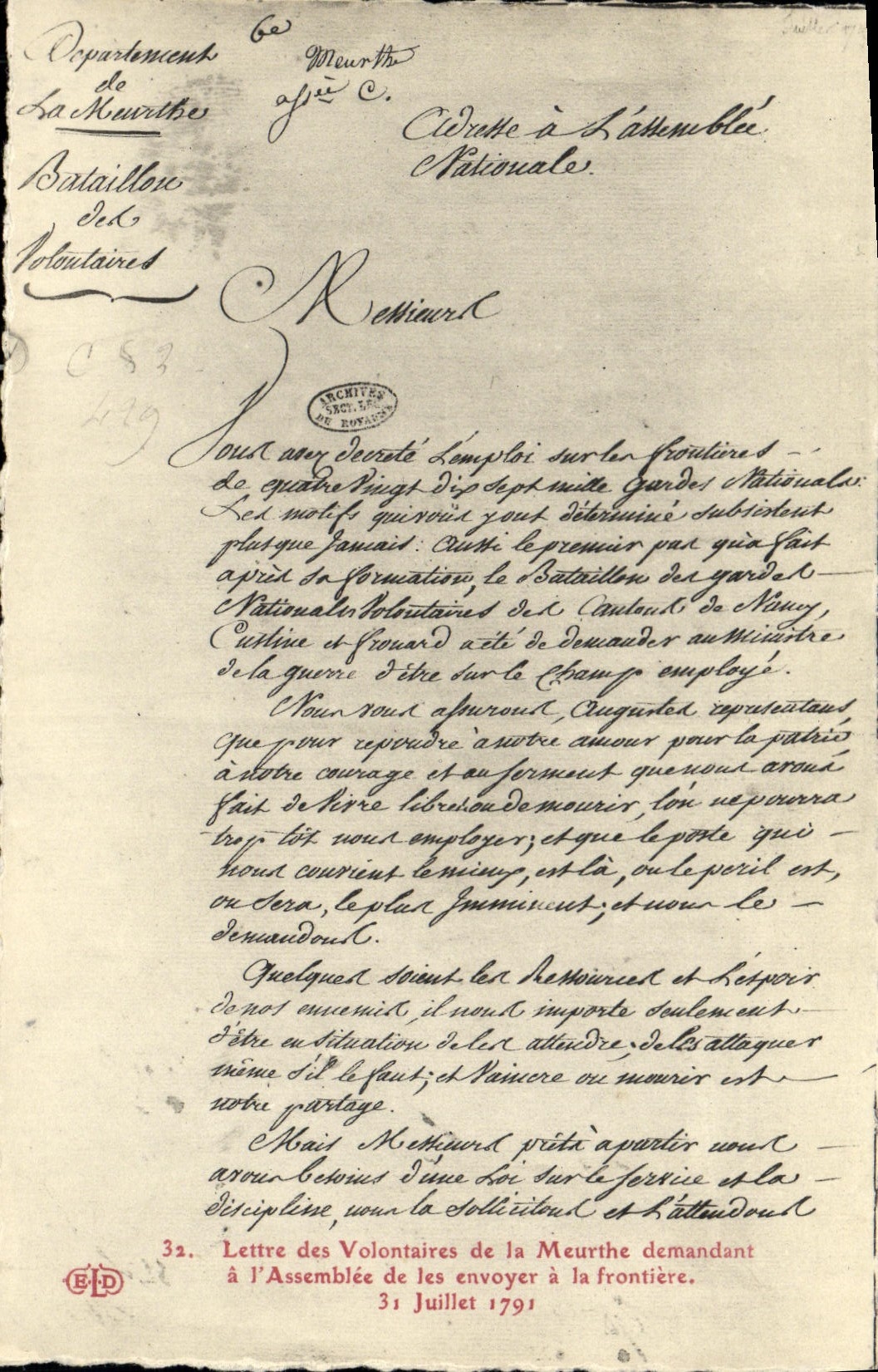 VINTAGE POSTCARD Letter of the volunteers of the meurthe asking the assembly to send them to the border July 31st, 1791