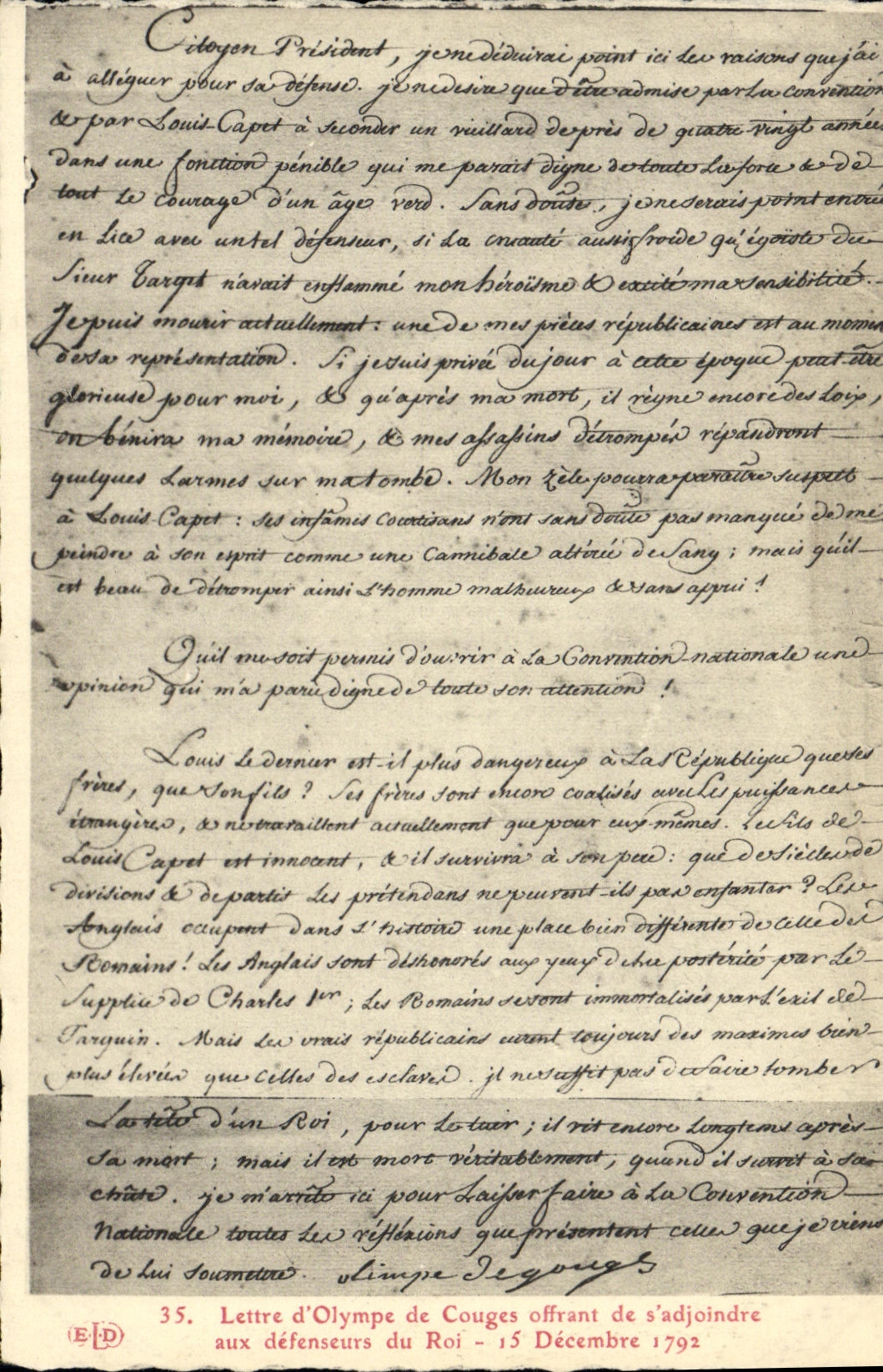 VINTAGE POSTCARD Letter of olympe of Couges offering to associate with the defenders of the king 1792