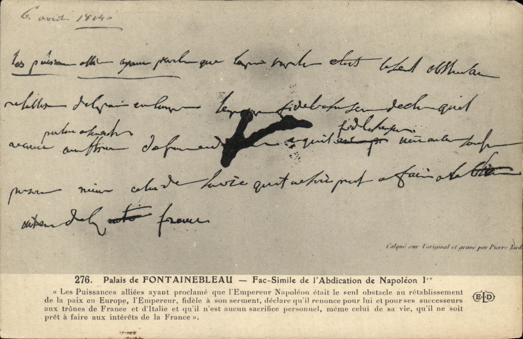 VINTAGE POSTCARD Palate of Fontainebleau FAC simile of the abdication of Napoleon 1st