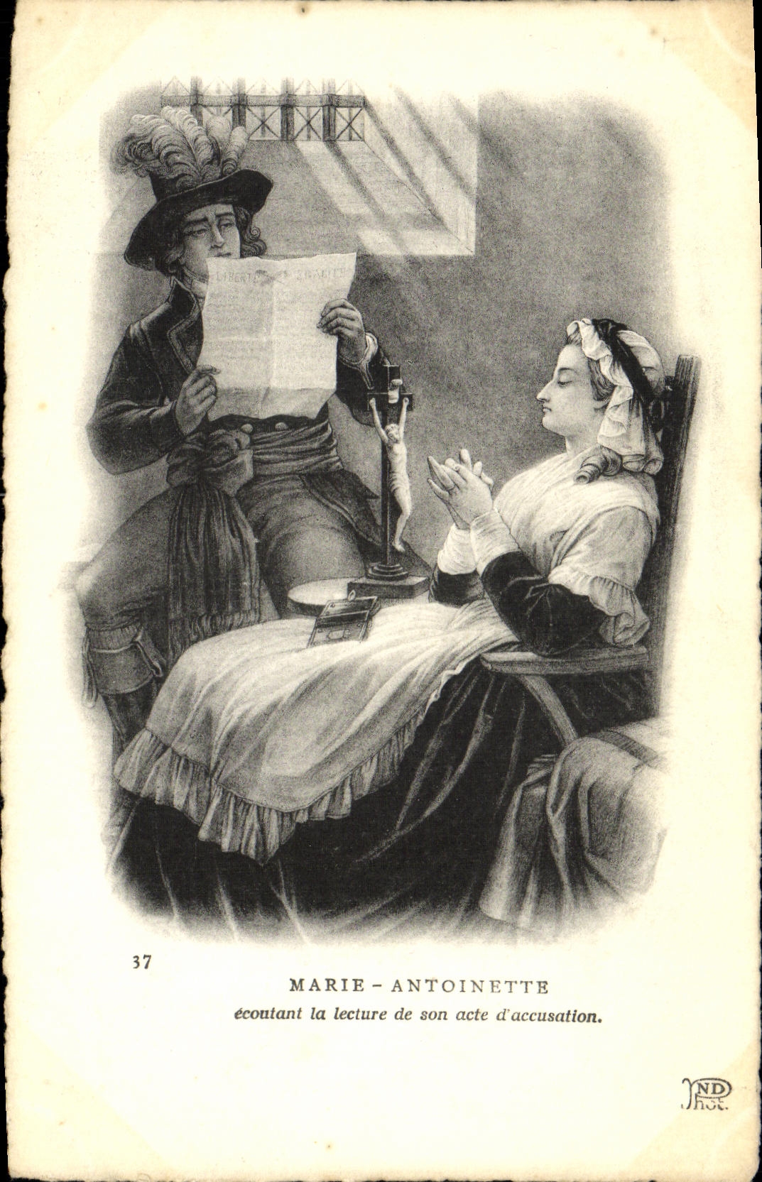 POSTAL Marie Antonieta de la VENDIMIA que escucha la lectura de su cuenta de la prisión de la acusación