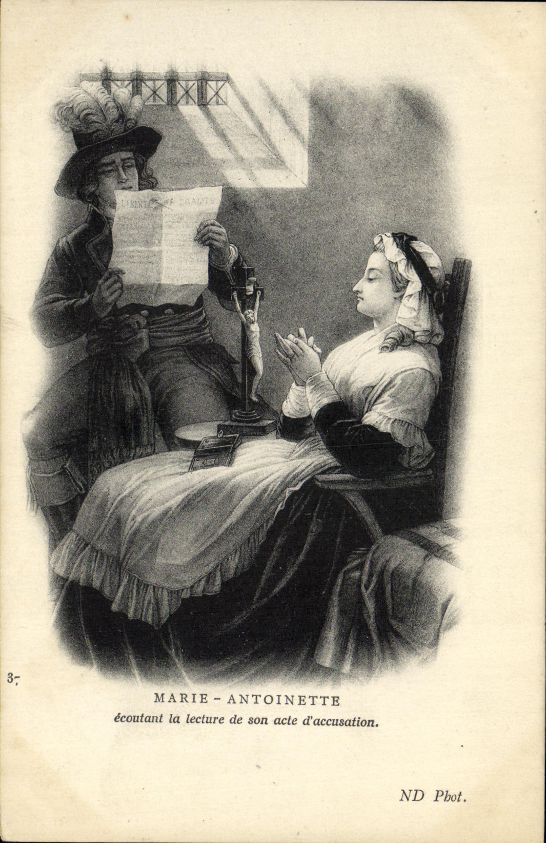 POSTAL Marie Antonieta de la VENDIMIA que escucha la lectura de su cuenta de la acusación