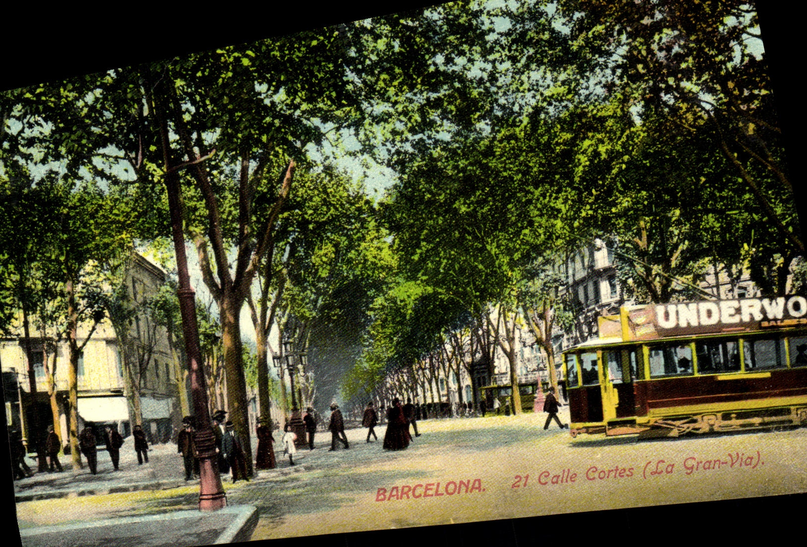 La POSTAL Barcelona de la VENDIMIA fija Cortes Gran vía el tranvía