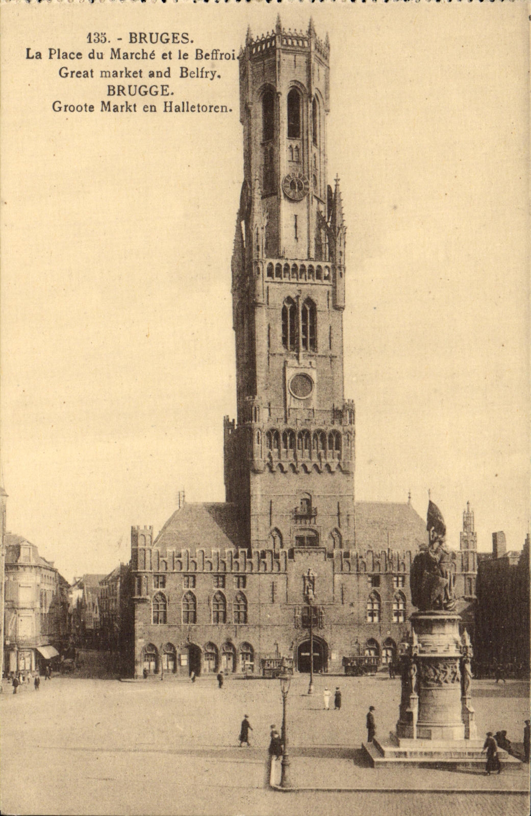 POSTAL Brujas de la VENDIMIA el lugar del mercado el campanario de una iglesia