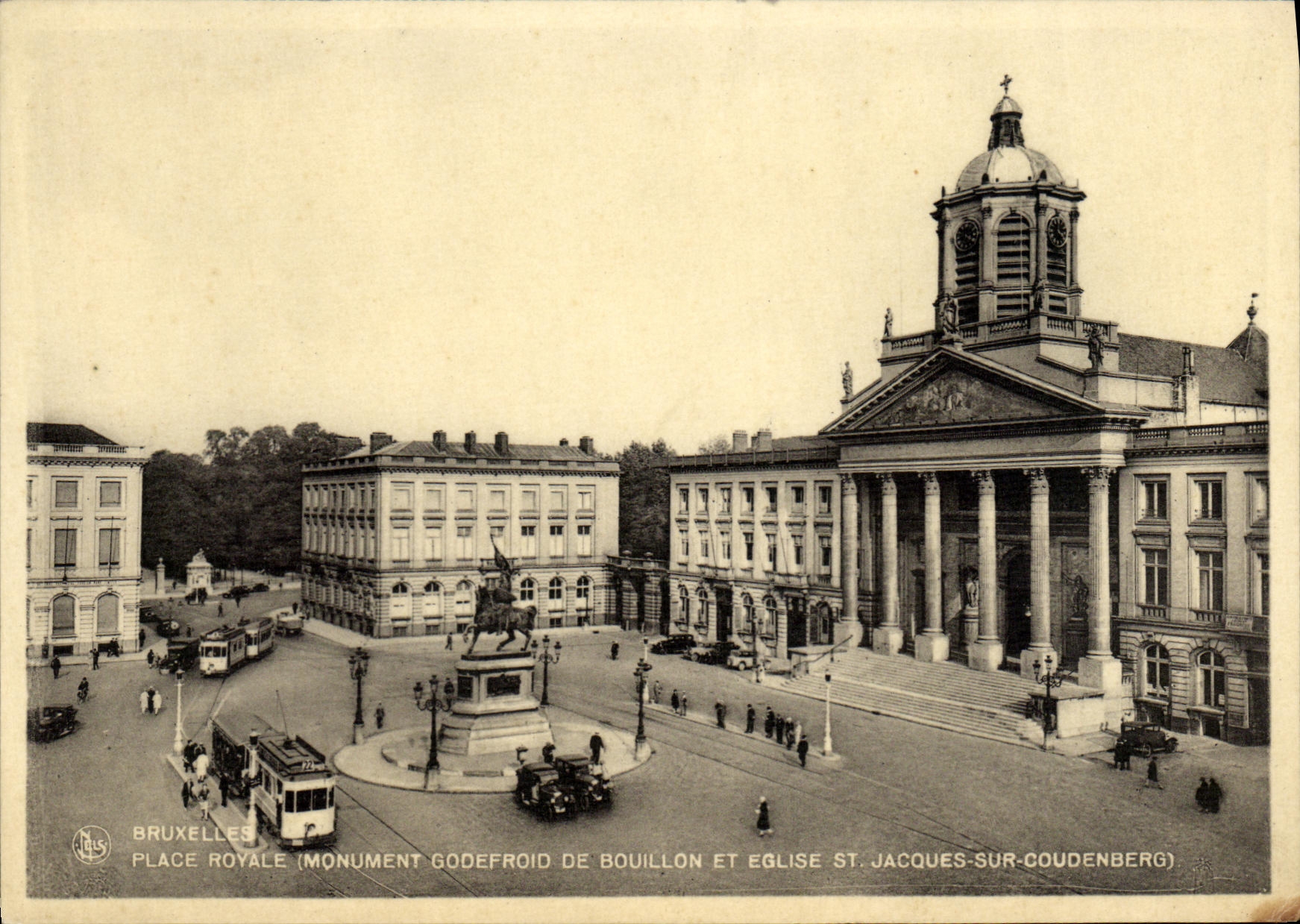 La POSTAL Bruselas de la VENDIMIA coloca Monument real Godefroid de Bouillon y St Jacques de Eglise en Coudenberg