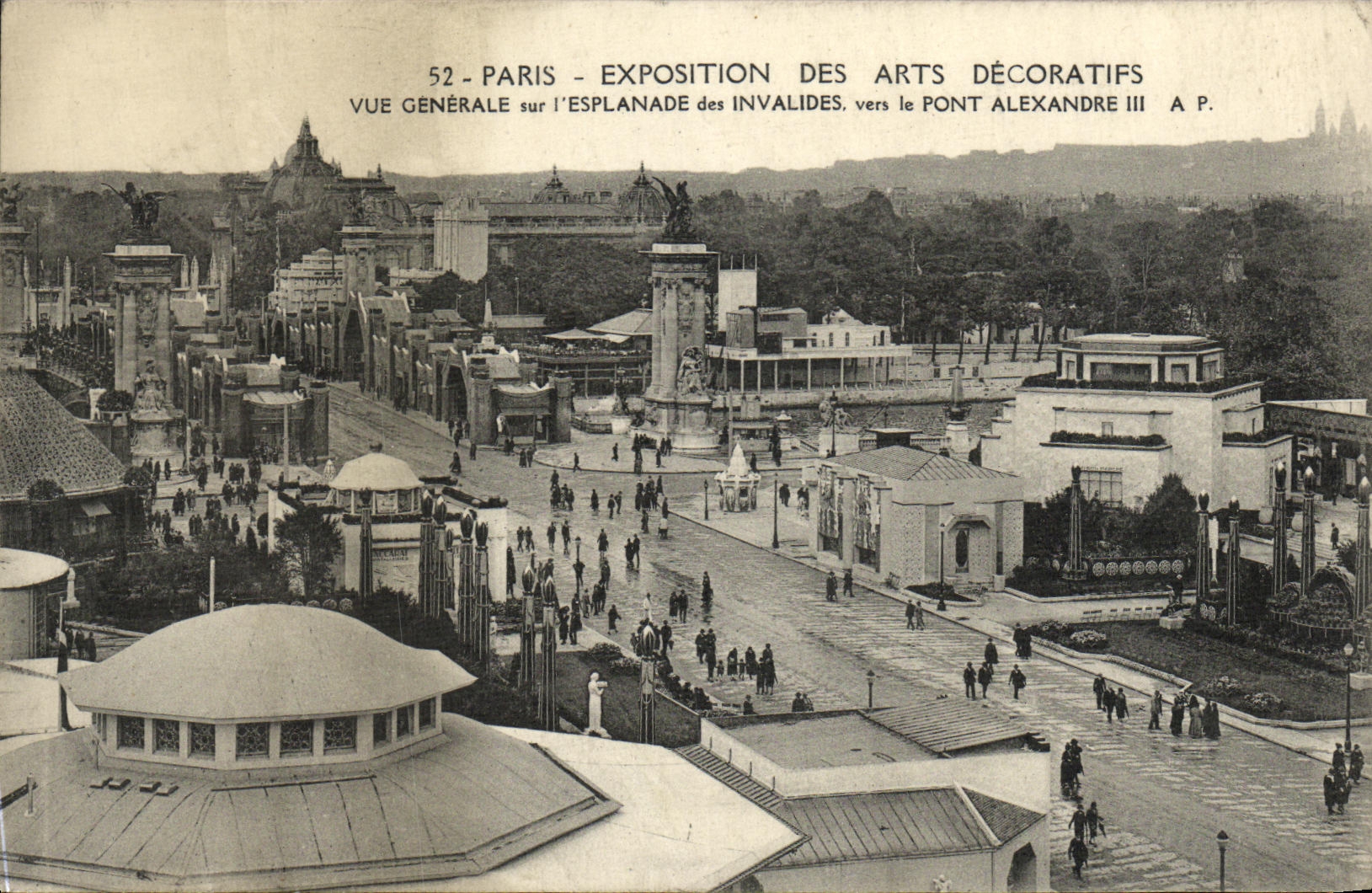 Feria de París de la POSTAL de la VENDIMIA de la opinión decorativa de los artes 1925 sobre la explanada del Invalids hacia el puente Alejandro III