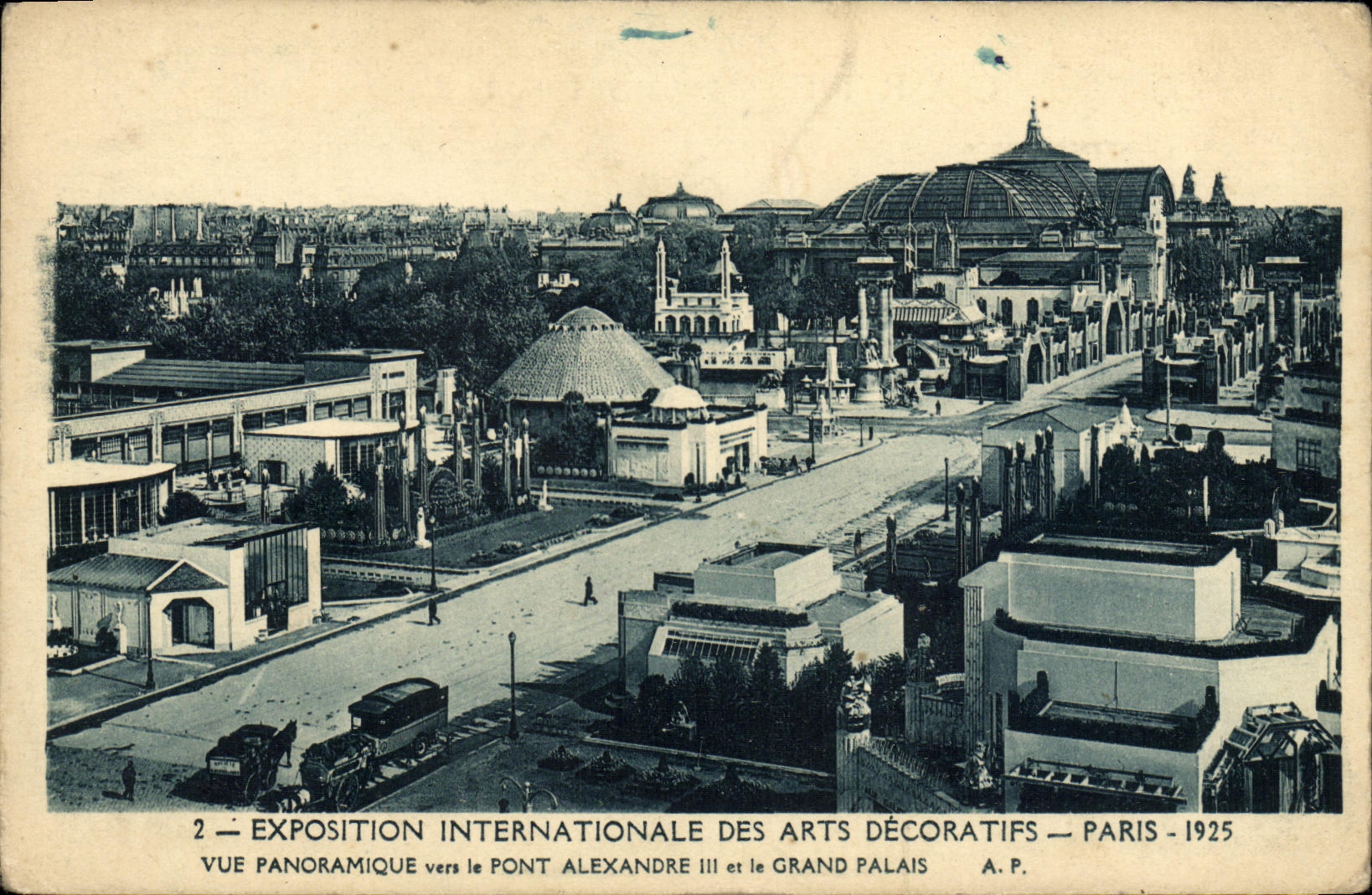 International de Expostition de la POSTAL de la VENDIMIA de panorámico vista París decorativo de los artes hacia el puente Alejandro III y el palacio grande