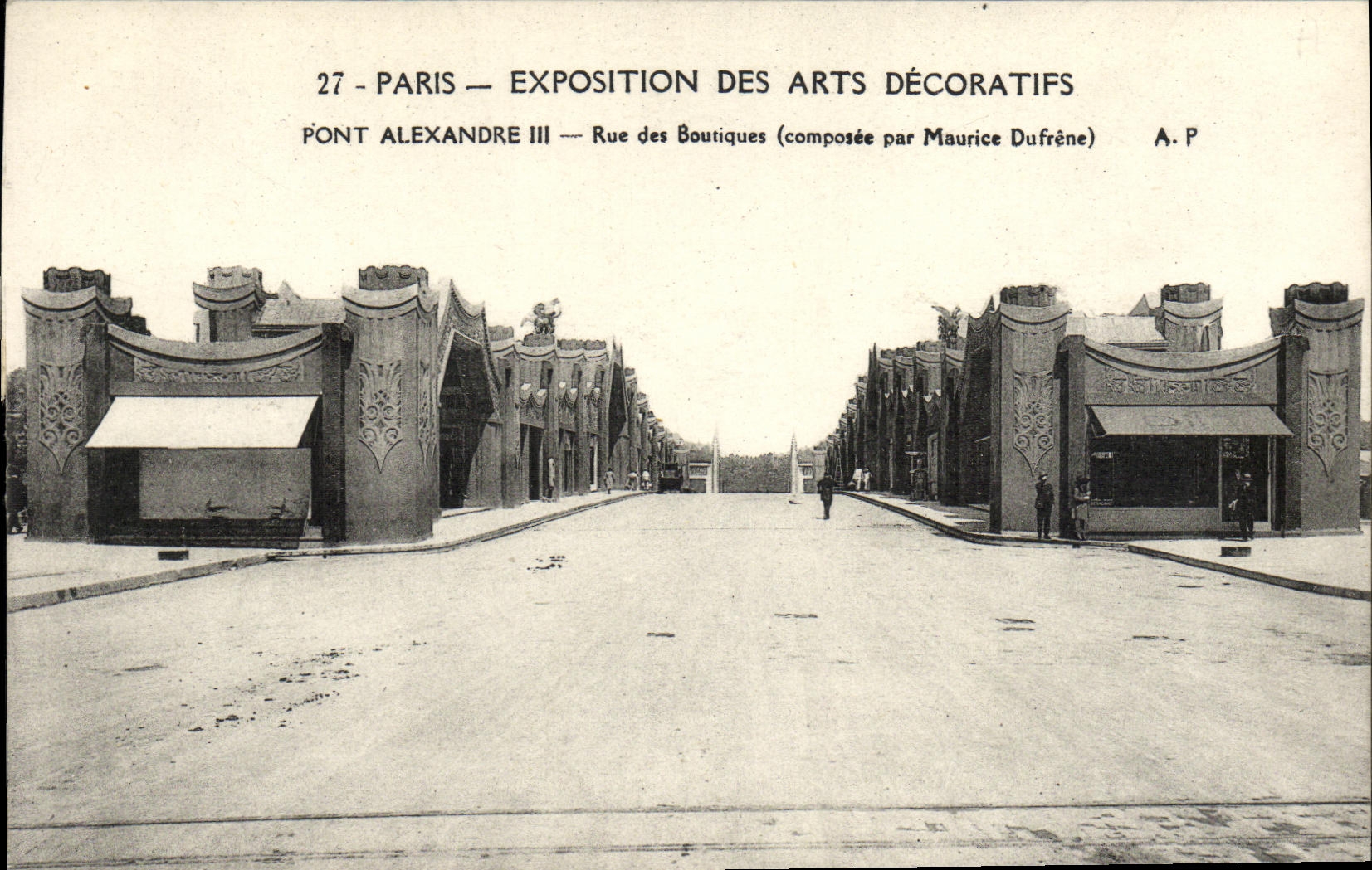 La POSTAL París Expostition de la VENDIMIA de artes decorativos tiende un puente sobre la calle de Alejandro III de las tiendas