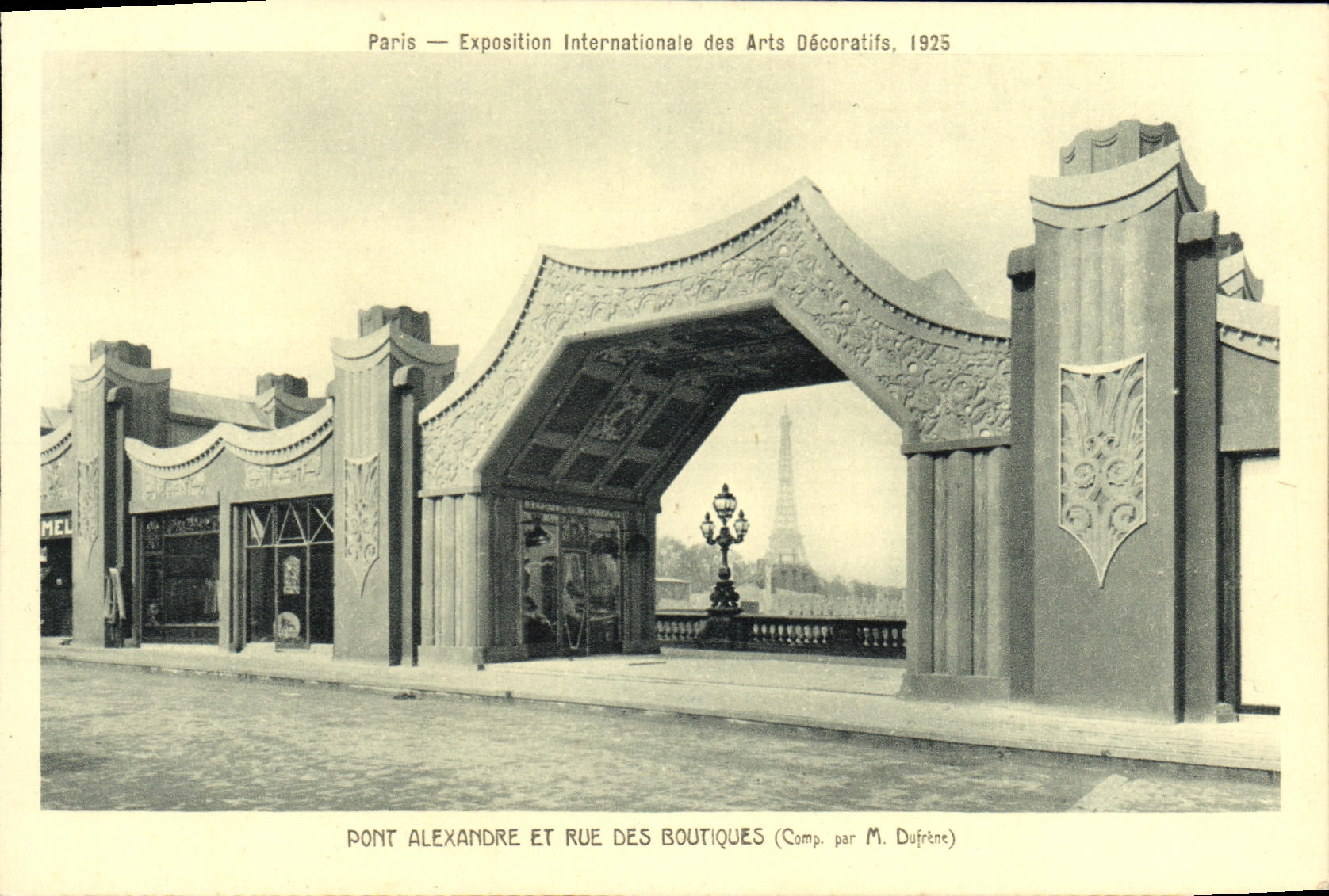 El International de París Expostition de la POSTAL de la VENDIMIA de artes decorativos tiende un puente sobre Alejandro y la calle de la torre Eiffel de las tiendas