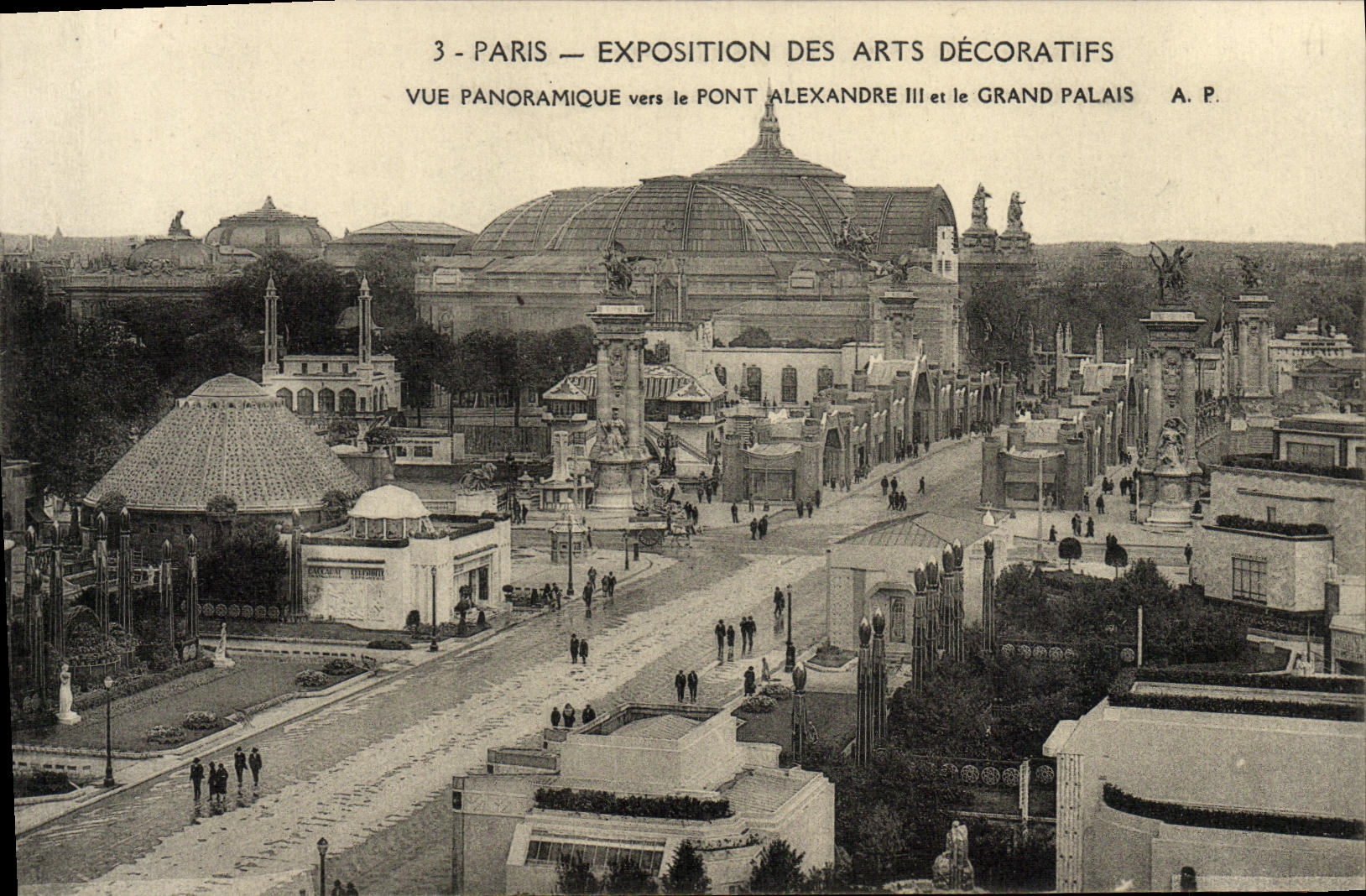 POSTAL París Expostition de la VENDIMIA de panorámico vista artes decorativos hacia el puente Alejandro III y el palacio grande