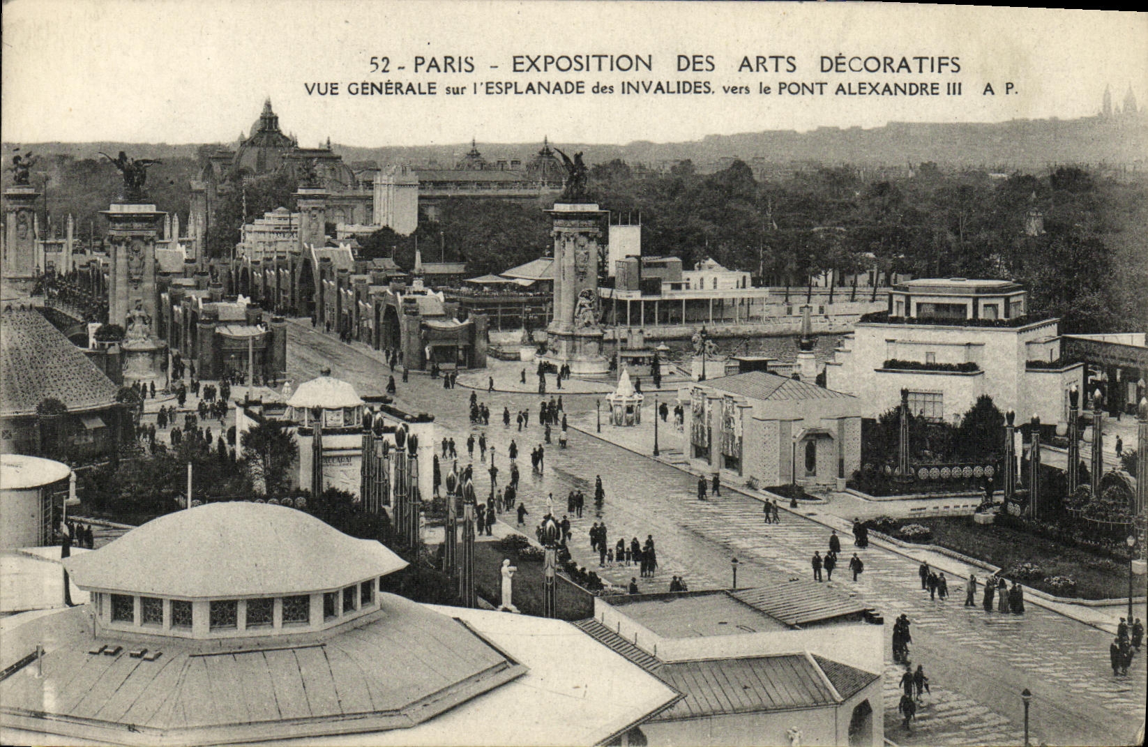 POSTAL París Expostition de la VENDIMIA de la opinión decorativa de los artes sobre la explanada de los invalids hacia el puente Alejandro III