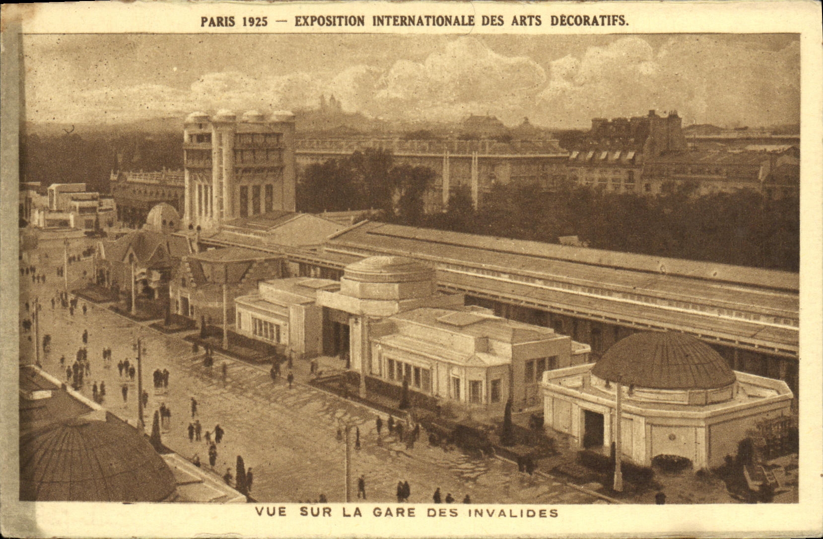 International de París Expostition de la POSTAL de la VENDIMIA de los artes decorativos vistos en la estación de tren de los invalids