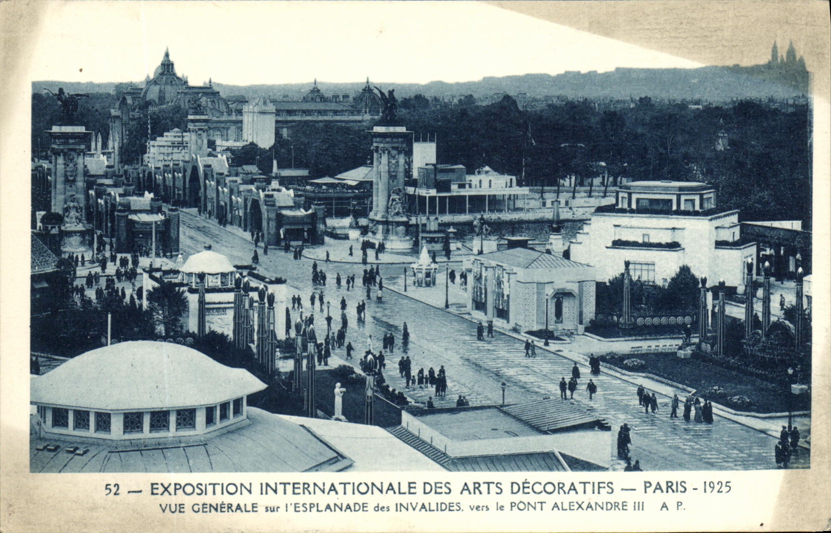 La exposición internacional de la POSTAL de la VENDIMIA de artes decorativos apuesta la visión a la explanada de los invalids hacia el puente Alejandro