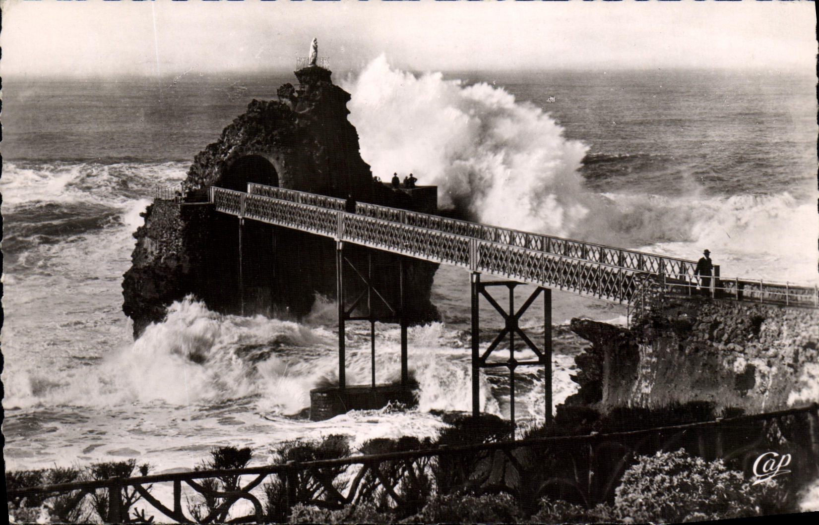 VINTAGE POSTCARD St Jean of luz sea and Biarritz mountain the storm with the rock of the virgin
