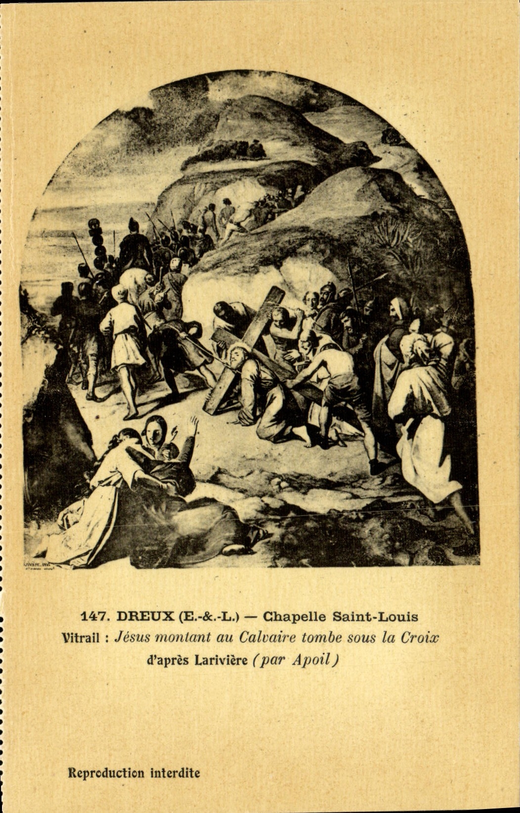 Vidrio manchado de St. Louis Jesús de la cámara acorazada de Dreux de la POSTAL de la VENDIMIA que sube al martirio bajo cruz