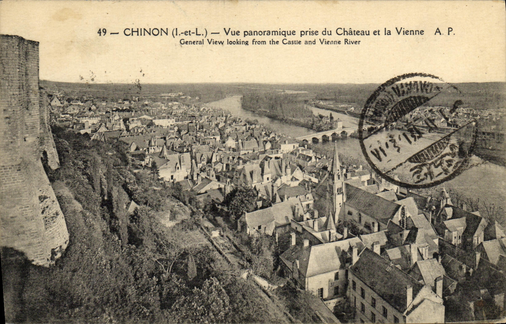 VINTAGE POSTCARD Chinon Panoramic View taken of the castle and comes it
