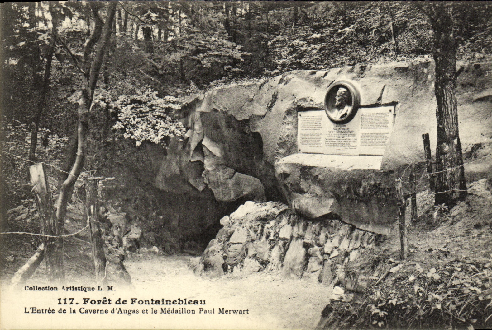 VINTAGE POSTCARD Drill De Fontainebleau the Entry of the cave of augas and the medallion Paul Merwart