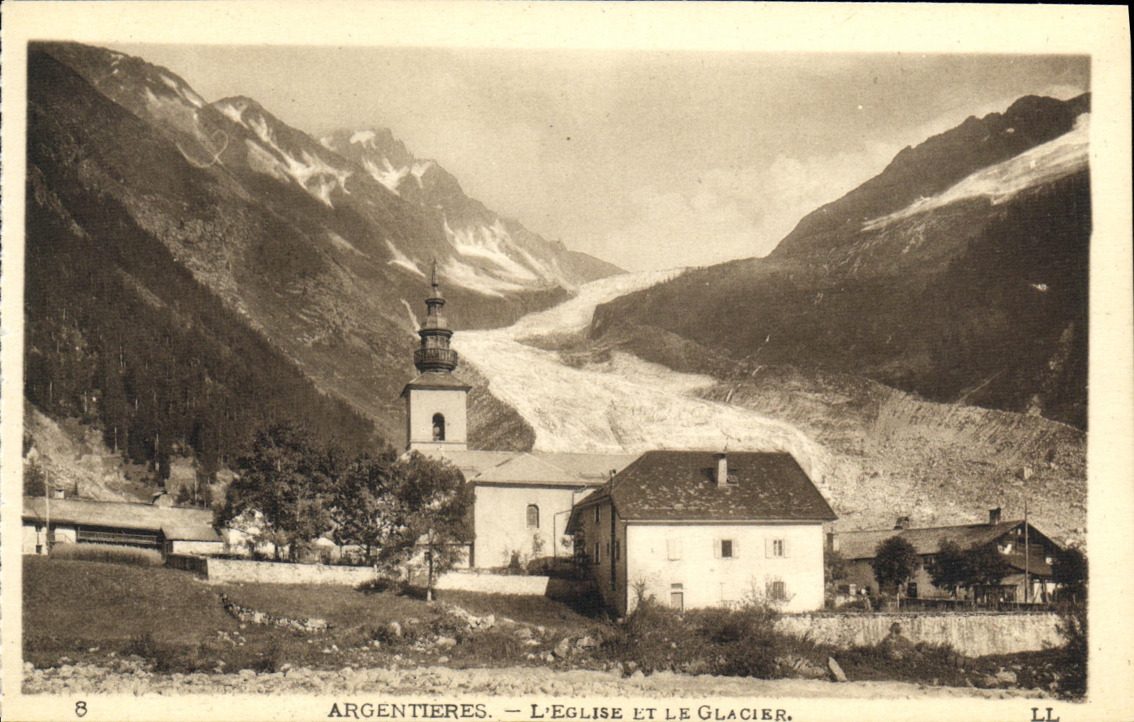POSTAL Argentieres de la VENDIMIA la iglesia y el glaciar