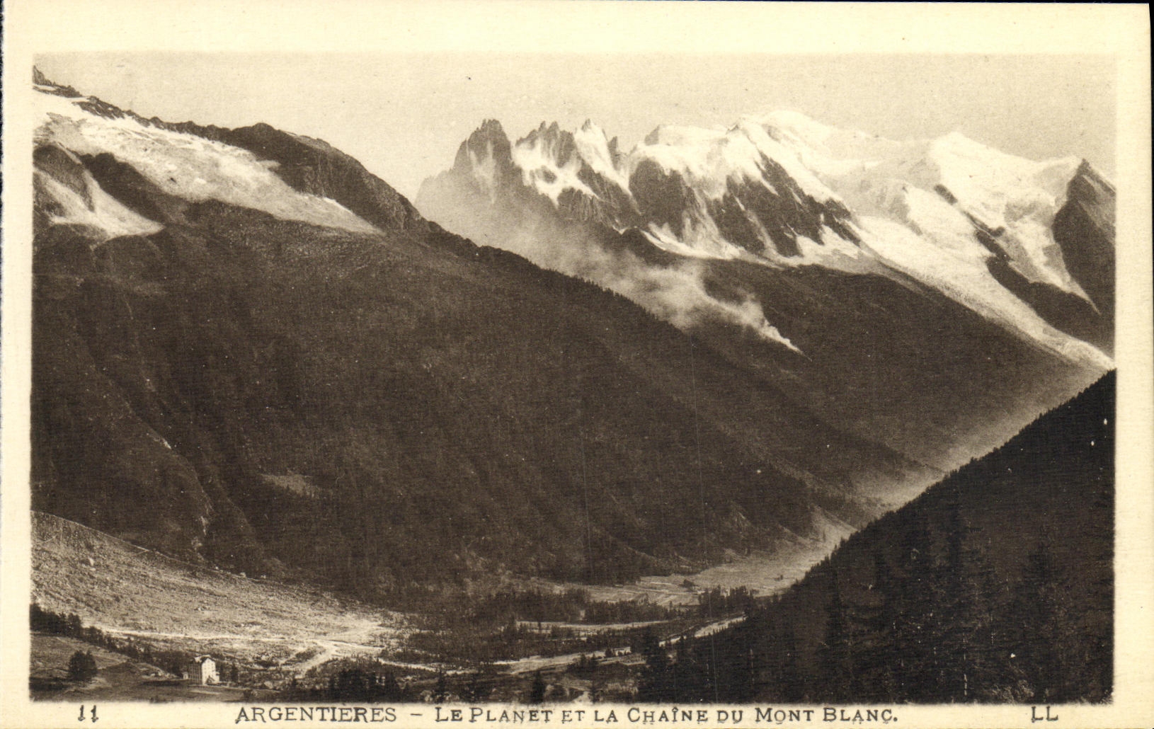 Planeta de Argentieres de la POSTAL de la VENDIMIA y la cadena de Mont Blanc