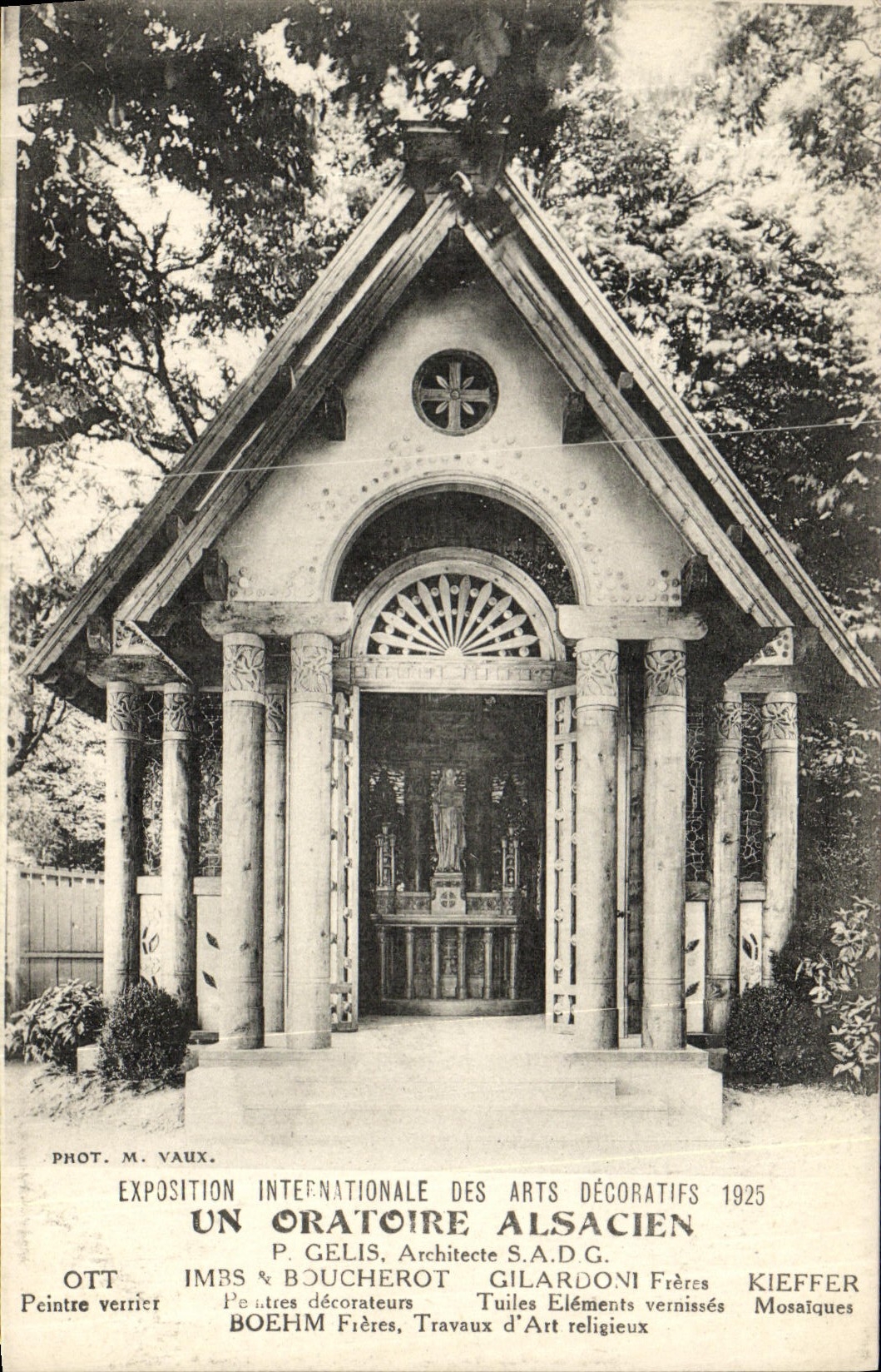 Exposición internacional de la POSTAL de la VENDIMIA de artes decorativos 1925 un oratorio Alsatian Gelis Boucherot Gilardoni