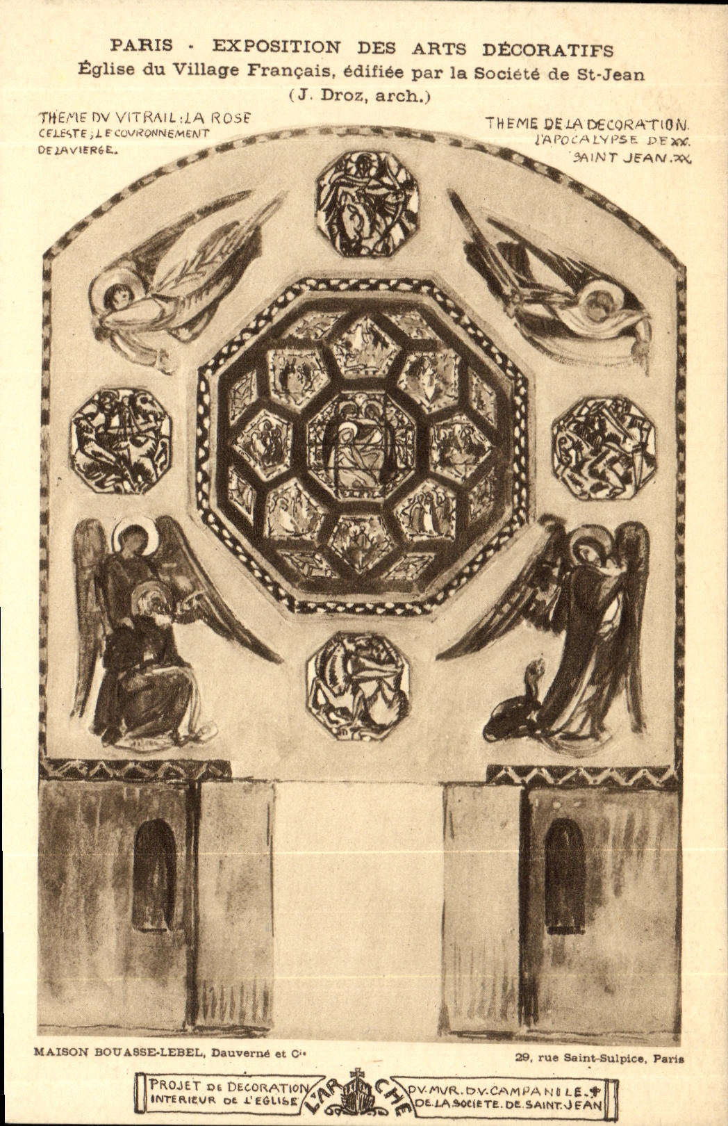 Feria de París de la POSTAL de la VENDIMIA de la iglesia decorativa 1925 de los artes de la aldea del proyecto de Francia de la decoración de la pared