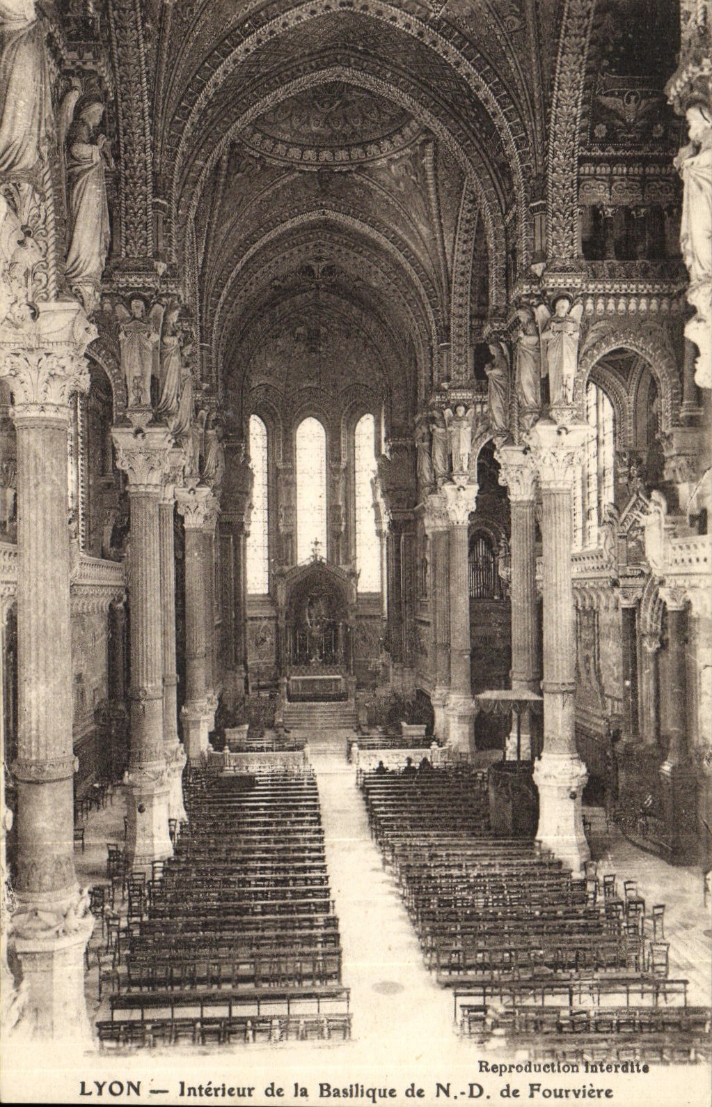 VINTAGE POSTCARD Interior Lyon of the Basilica of NR D of Fourviere