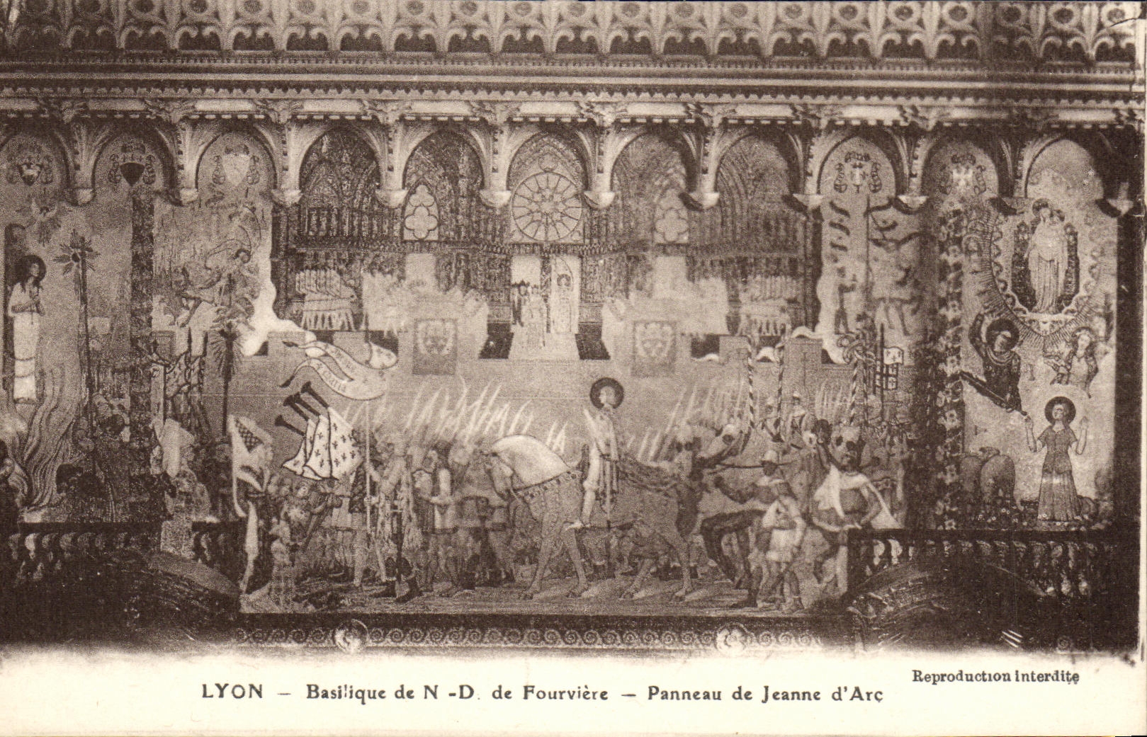 VINTAGE POSTCARD Lyon Basilica of NR D of Fourviere Panel of Jeanne d' Arc