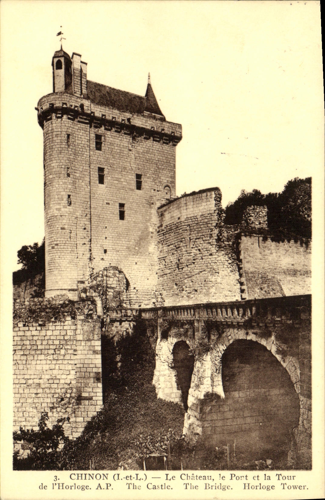 VINTAGE POSTCARD Chinon the Castle the Port and the Tower of the clock